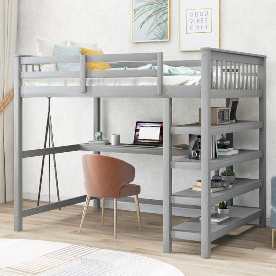 Churanty Full Size Rubber Wooden Loft Bed with Storage Shelves and Under-Bed Desk for Teens Adult, Gray