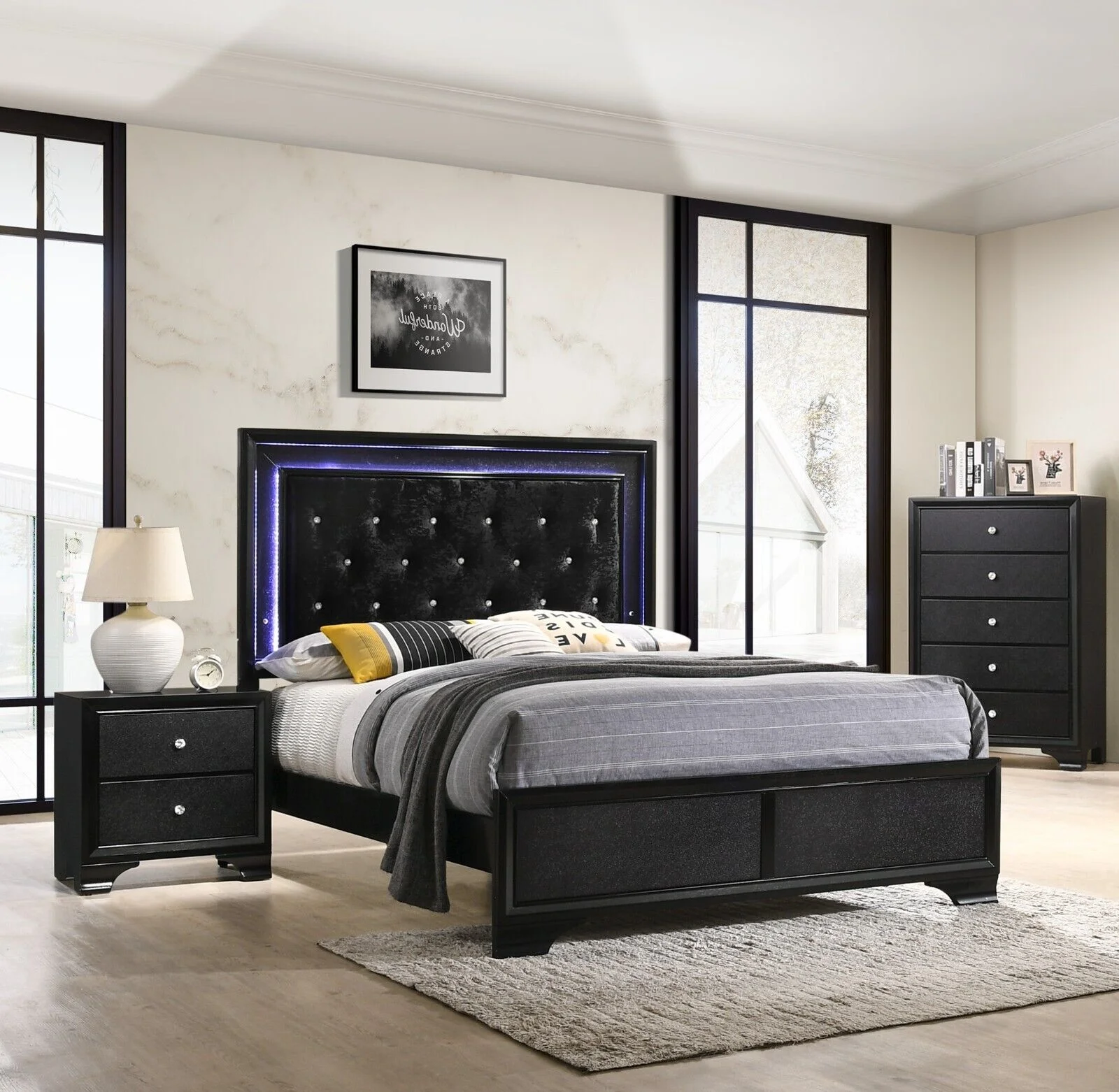 Modern 3pc Twin Size Upholstered LED Backlit HB Black Bed Chest Nightstand Set Bedroom Furniture