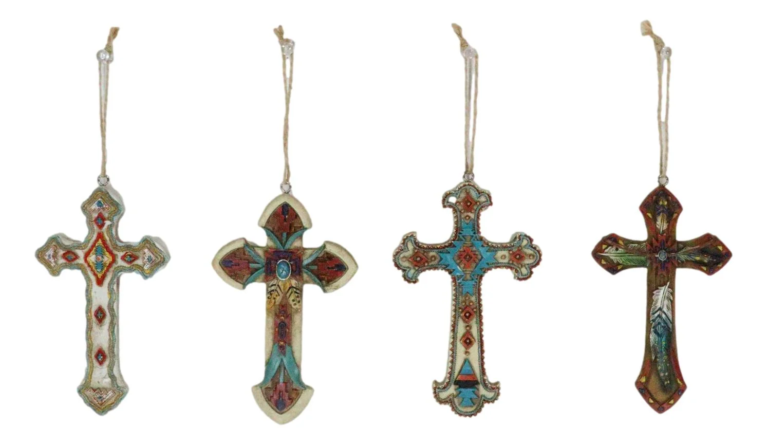 Rustic Western Native Indian Christian Crosses Set of 4 Christmas Tree Ornaments