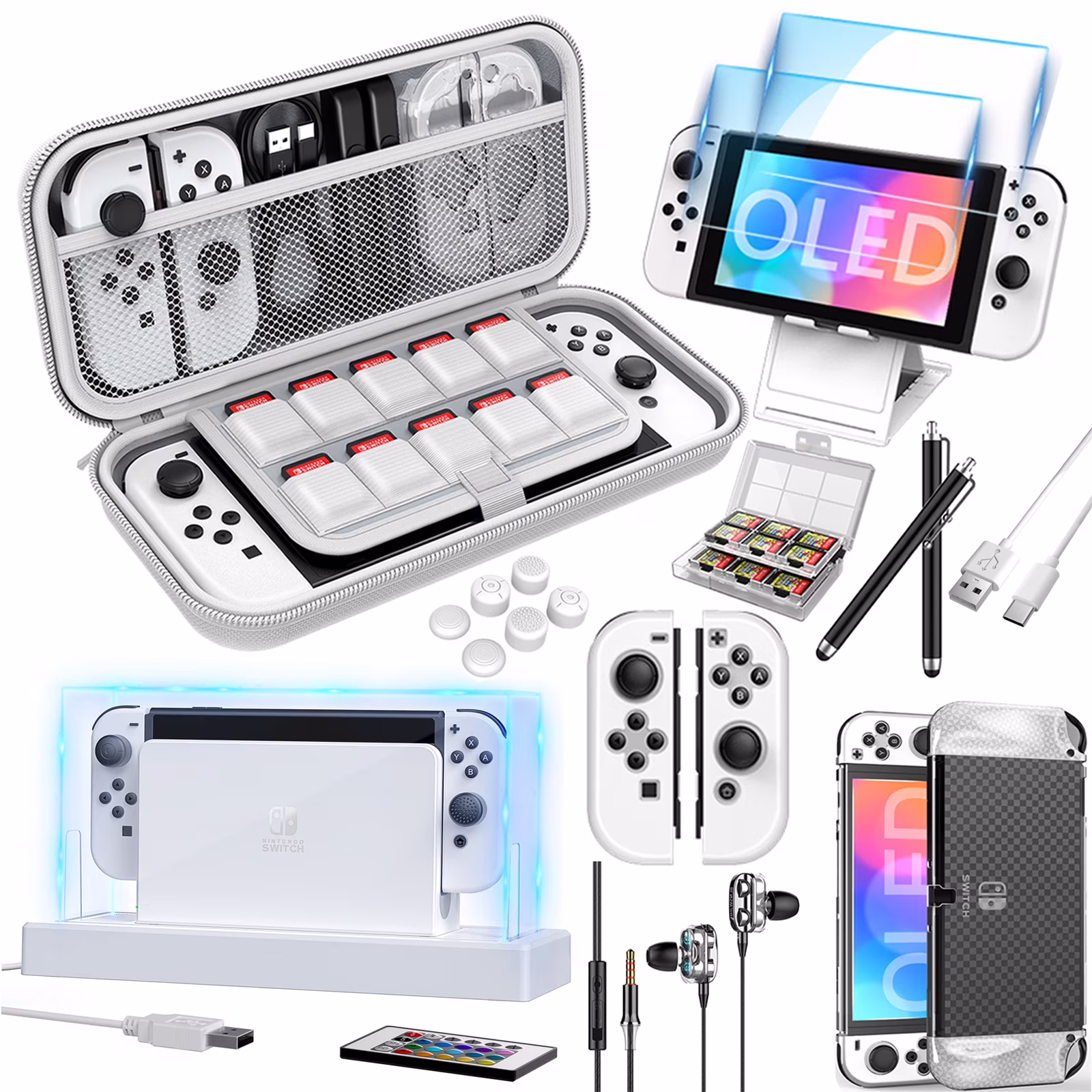 HEYSTOP 28 in 1 Switch OLED Accessories Bundle Compatible with Nintendo Switch OLED Gift Kit with Carrying Case, Dockable Protective Case Covers, Screen Protector, Steering Wheel, Joycon Grips (Black)