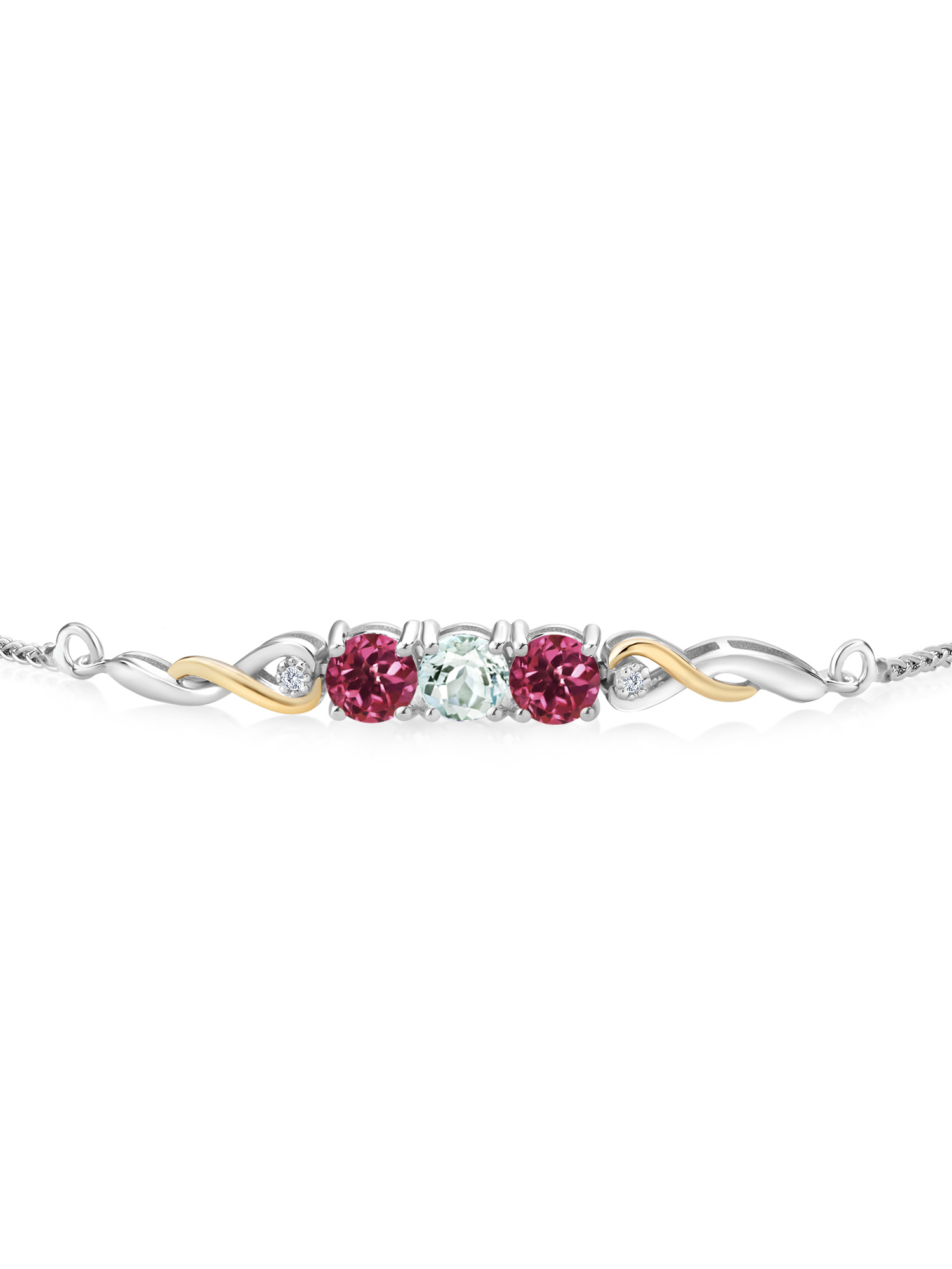 925 Sterling Silver and 10K Yellow Gold Sky Blue Aquamarine Pink Tourmaline and White Lab Grown Diamond Tennis Bracelet For Women (1.56 Cttw, Gemstone March Birthstone, Fully Adjustable Up to 9 inch)