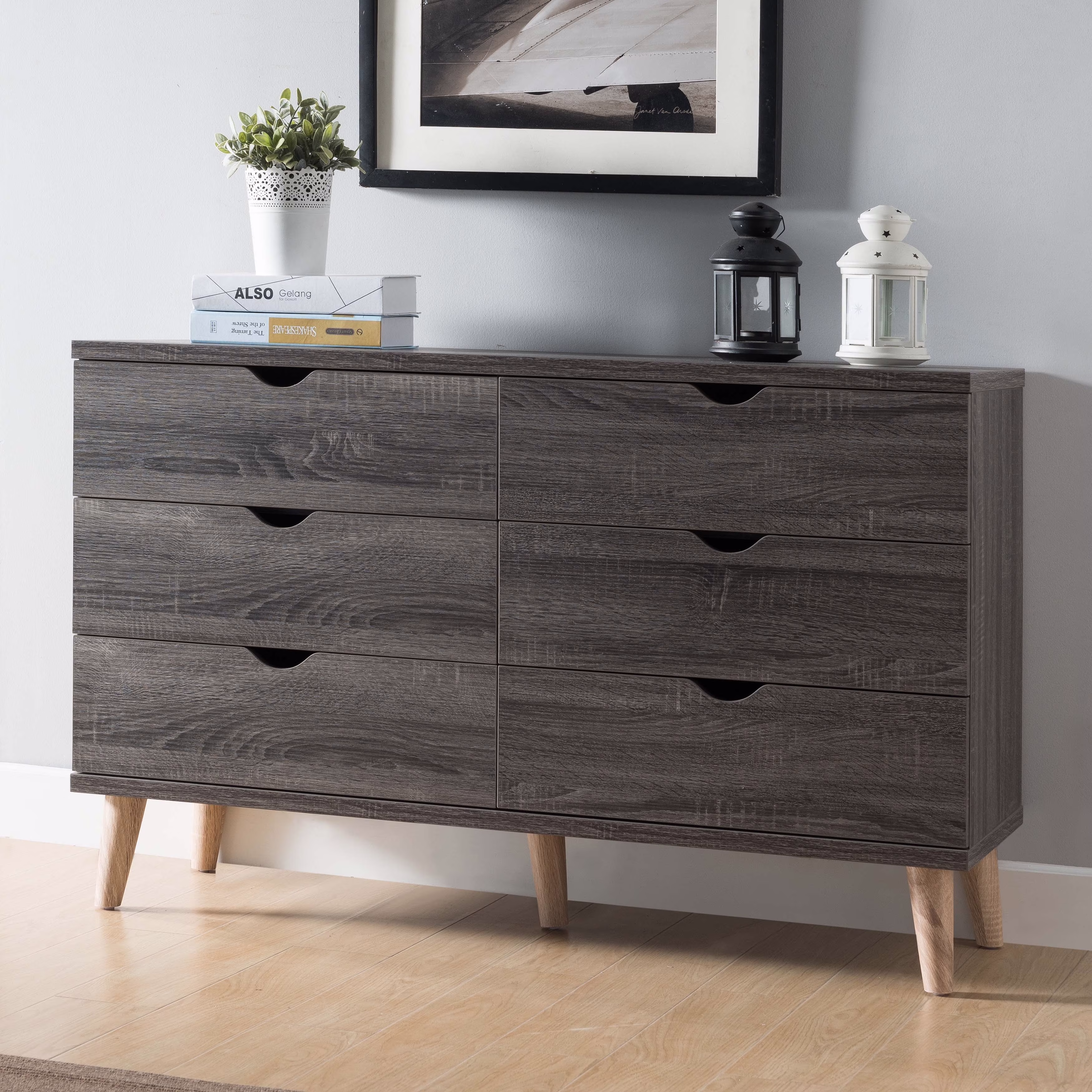 Denhour DH BASIC Mid-Century Modern Distressed Grey 47-inch Wide 6-Drawer Dresser by