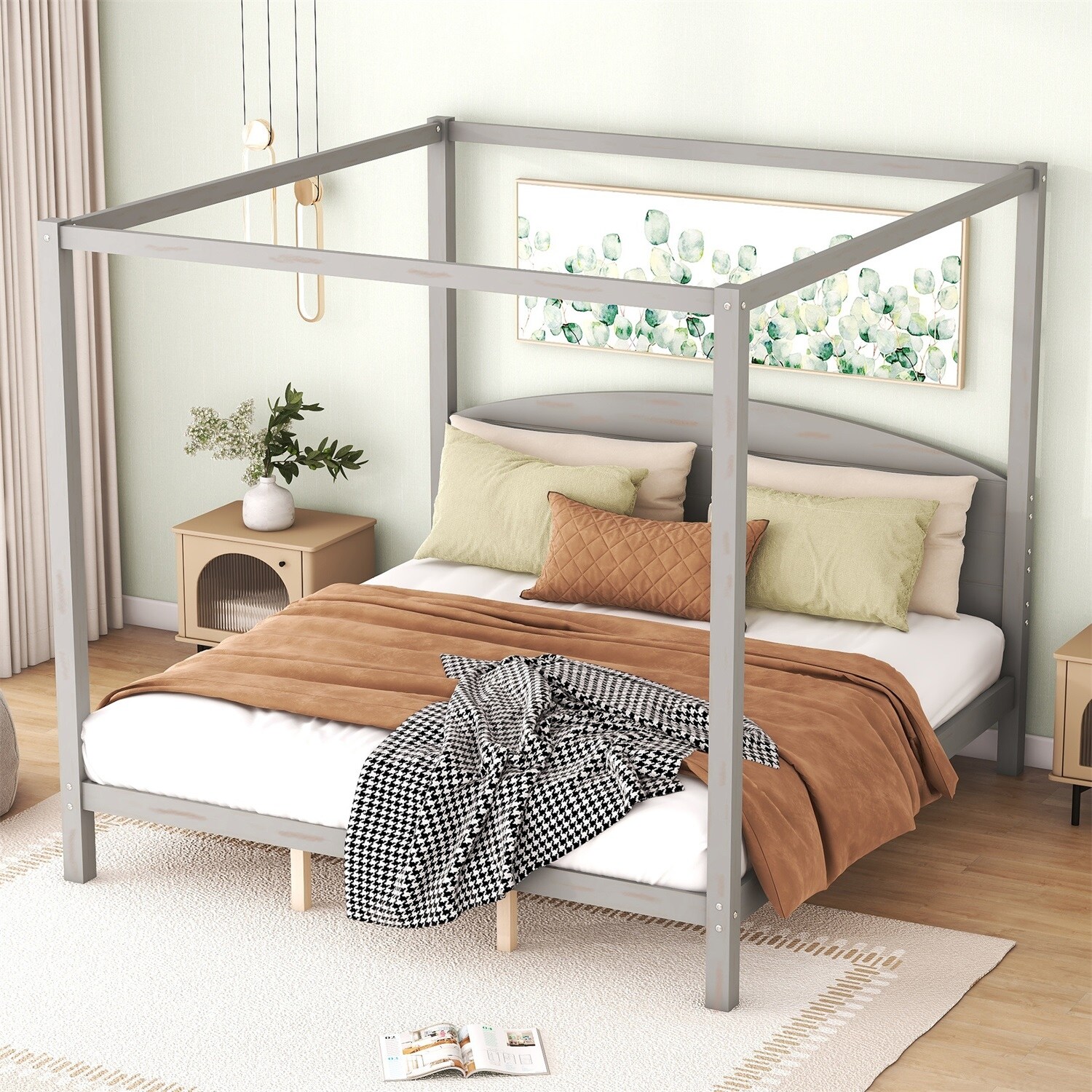 MERAX  Canopy Platform Bed with Headboard and Support Legs Grey Wash King