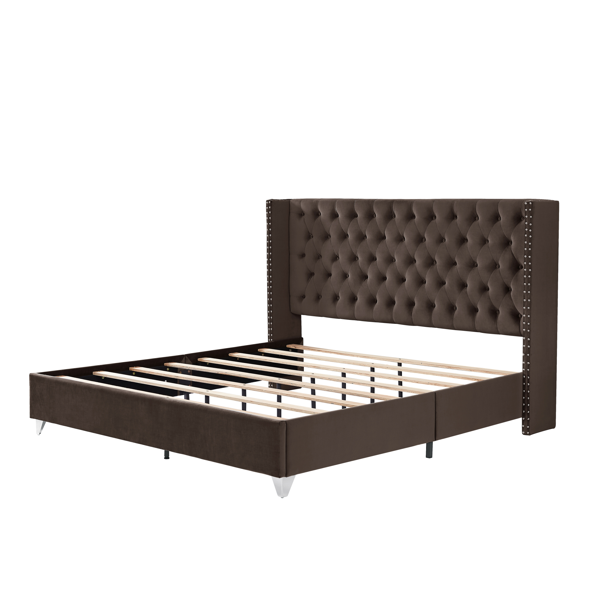 B100S King bed with two nightstands, Button designed Headboard,strong wooden slats + metal legs with Electroplate