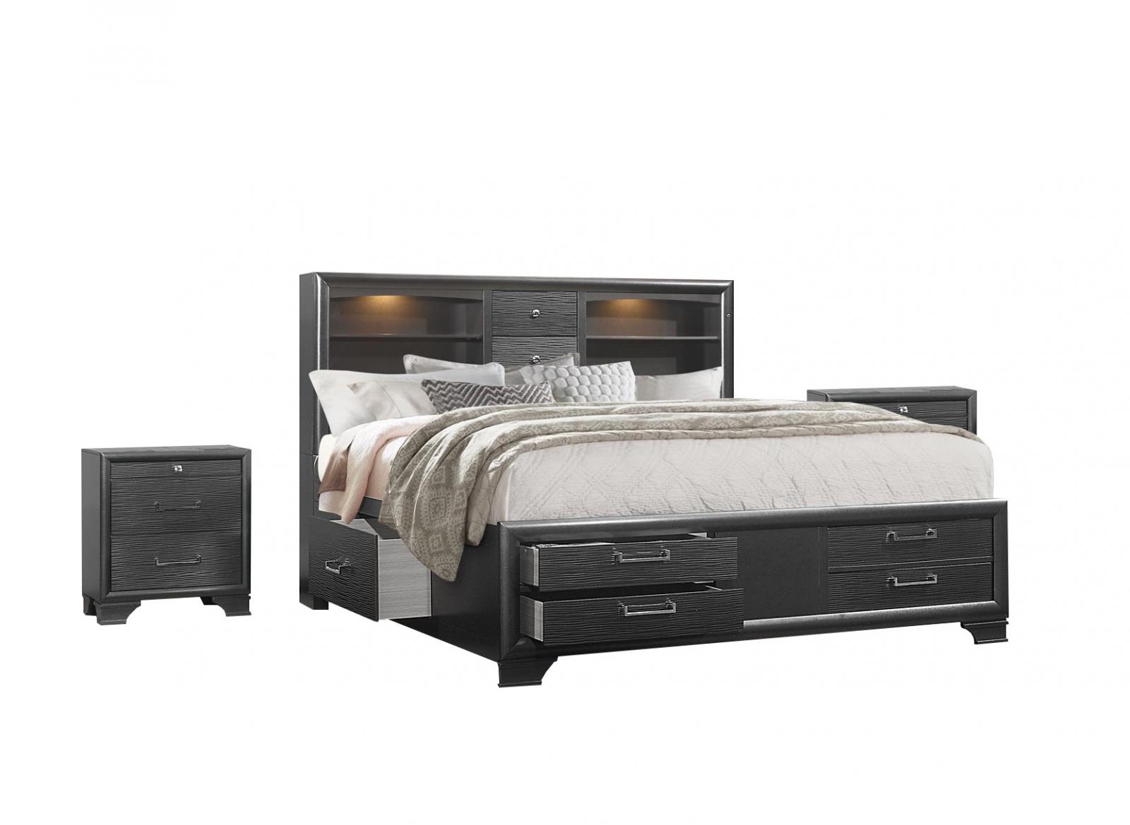 Storage King Bed & 2 Nightstands Glossy Black Modern Global Furniture Jordyn