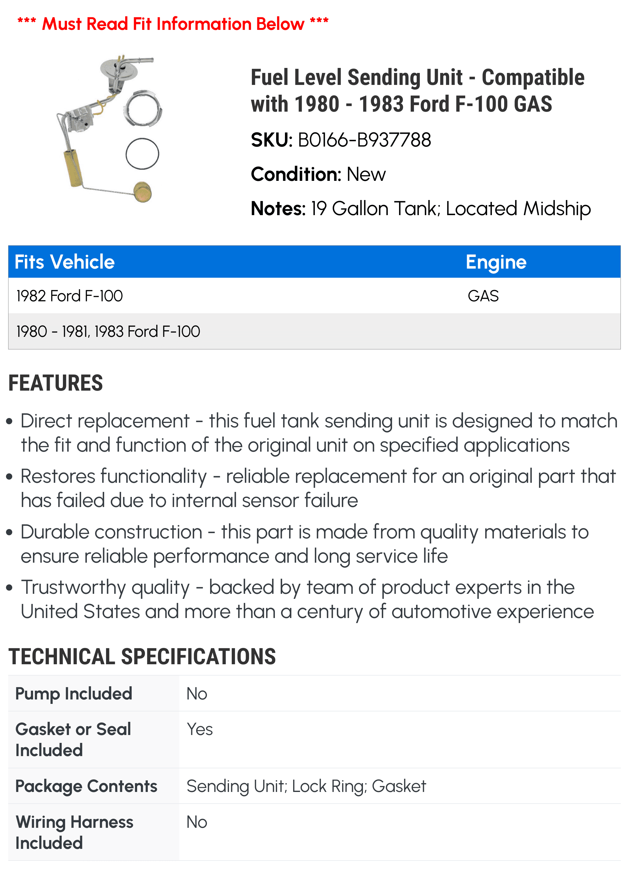 Fuel Level Sending Unit - Compatible with 1980 - 1983 Ford F-100 GAS 1981 1982