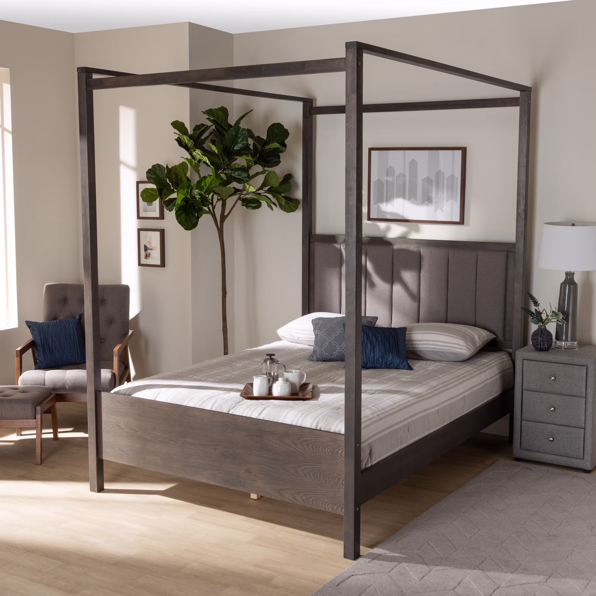 Baxton Studio Natasha Modern and Contemporary Grey Fabric Upholstered and Dark Grey Oak Finished Wood Queen Size Platform Canopy Bed