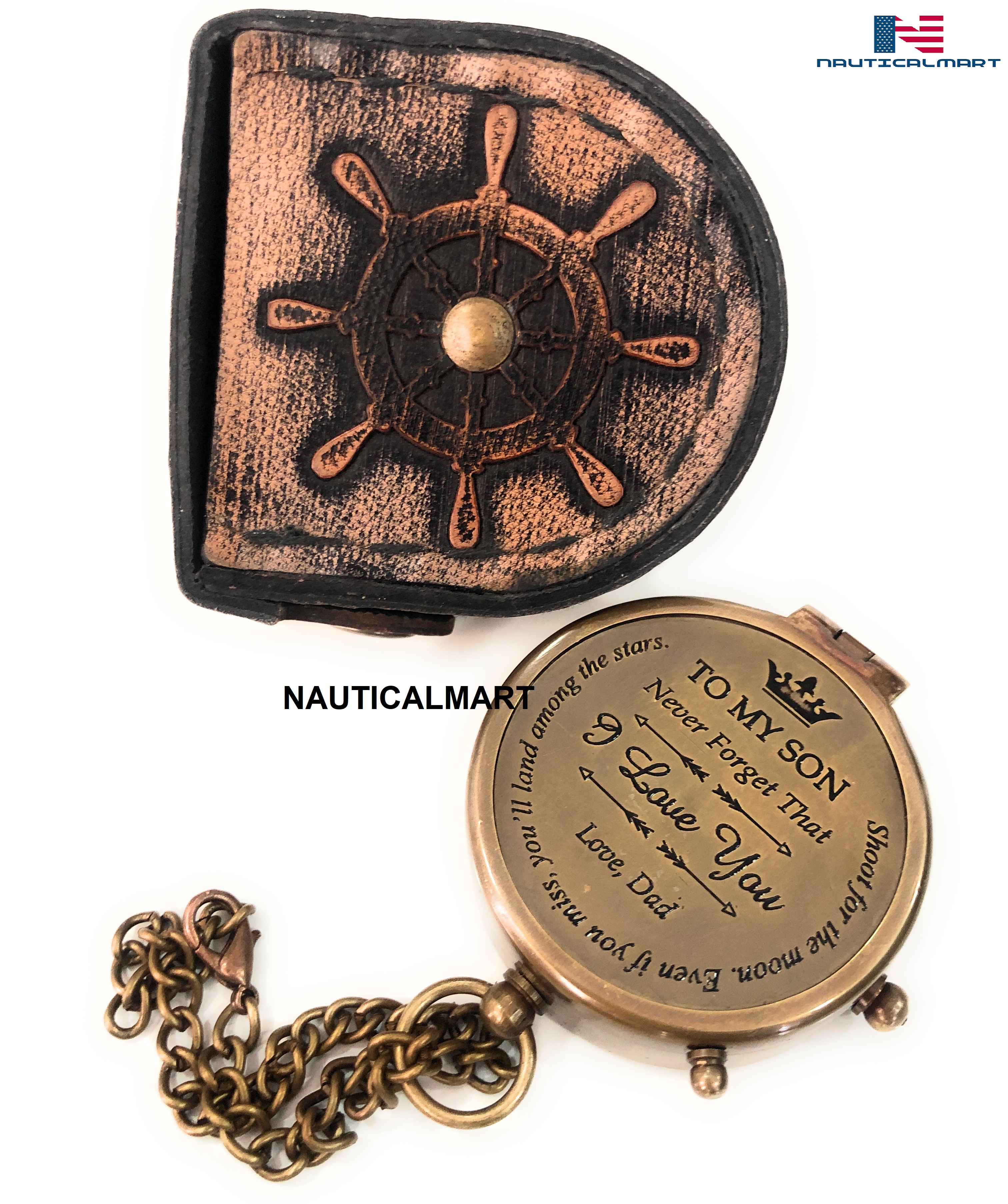 NauticalMart Brass Compass Gift to My Son/Nautical Gift for Son from Dad/Gift for Son,Father Son Gift,Mother Son Gift,Love Mom with leather case