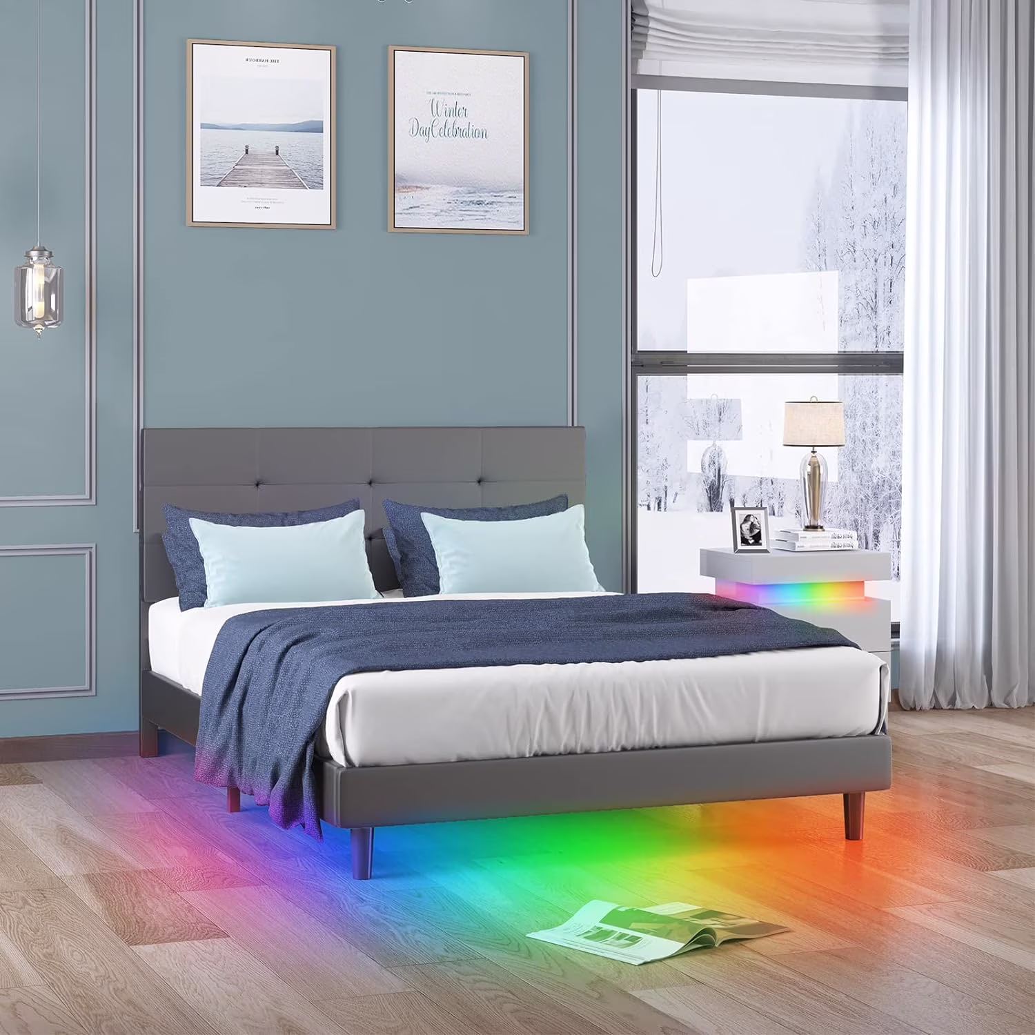 Puremind Full Size Bed Frame with Smart RGB LED Lights Button Tufted Headboard PVC Fabric Upholstered Platform No Box Spring Needed - Grey