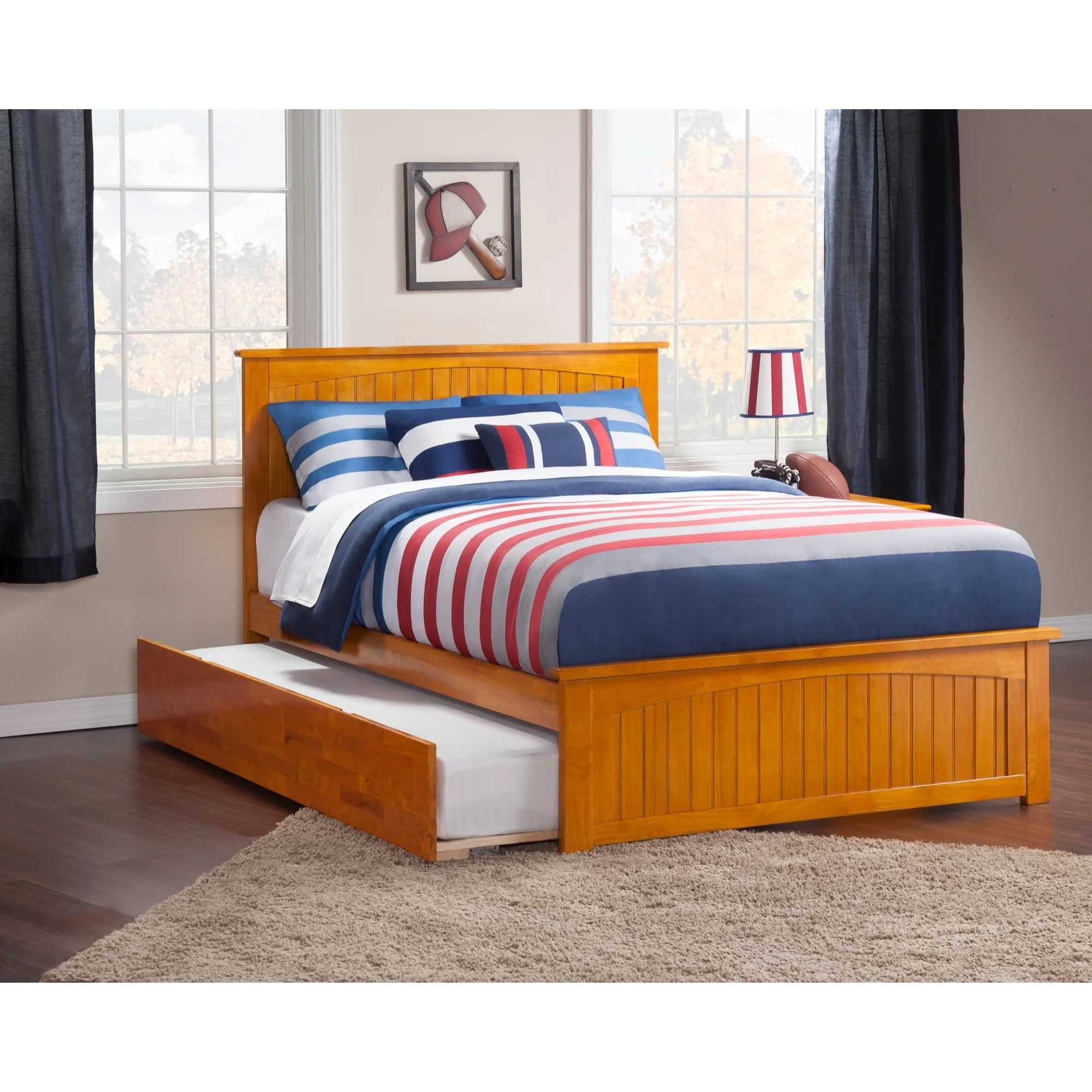 AFI Nantucket Full Size Platform Bed with Matching Footboard and Full Size Trundle in Caramel Latte