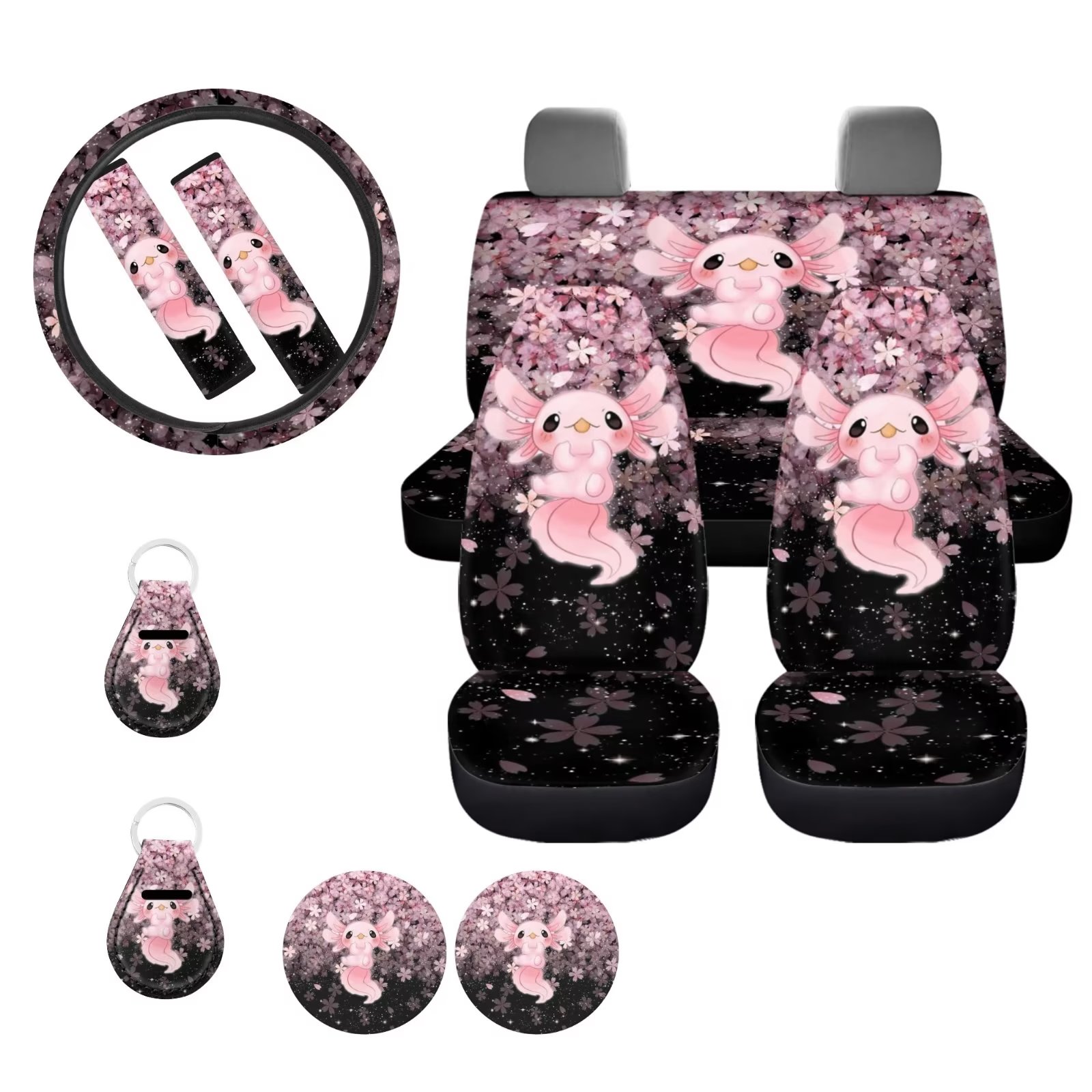 Binienty Cherry Blossom Car Seat Cover Set Fit Most Vehicles 11 Pieces,Axolotl Front Rear Seats Interior Accessories with Steering Wheel Cover+Auto Safty Seat Belt Pads+Keyring+Cup Coaster Protector