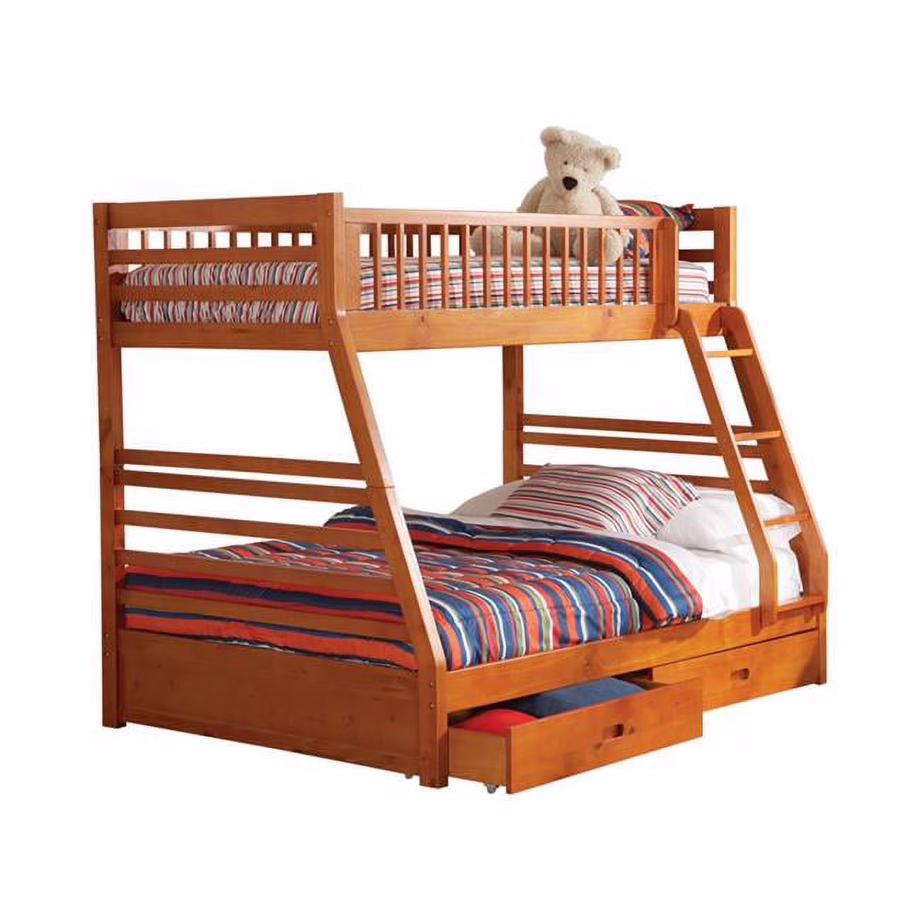 Wooden Twin Over Full Size Bunk Bed with Wheel Supported Bottom Drawers, Brown - 65 x 77.5 x 58.25 in.