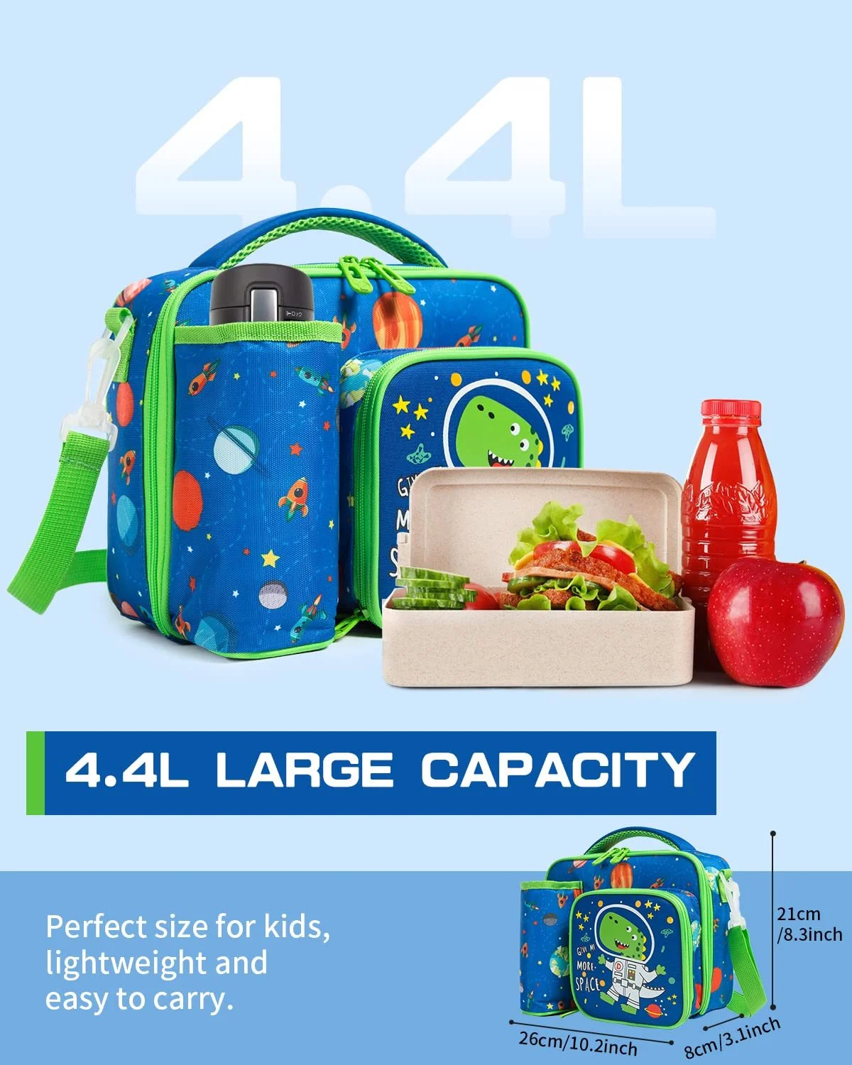 IvyH Kids Insulated Lunch Bag Reusable Lunch Box Thermal Meal Tote Bag,Leakproof Cooler Lunchbox 3 Compartments with Water Bottle Holder,Blue Dinosaur