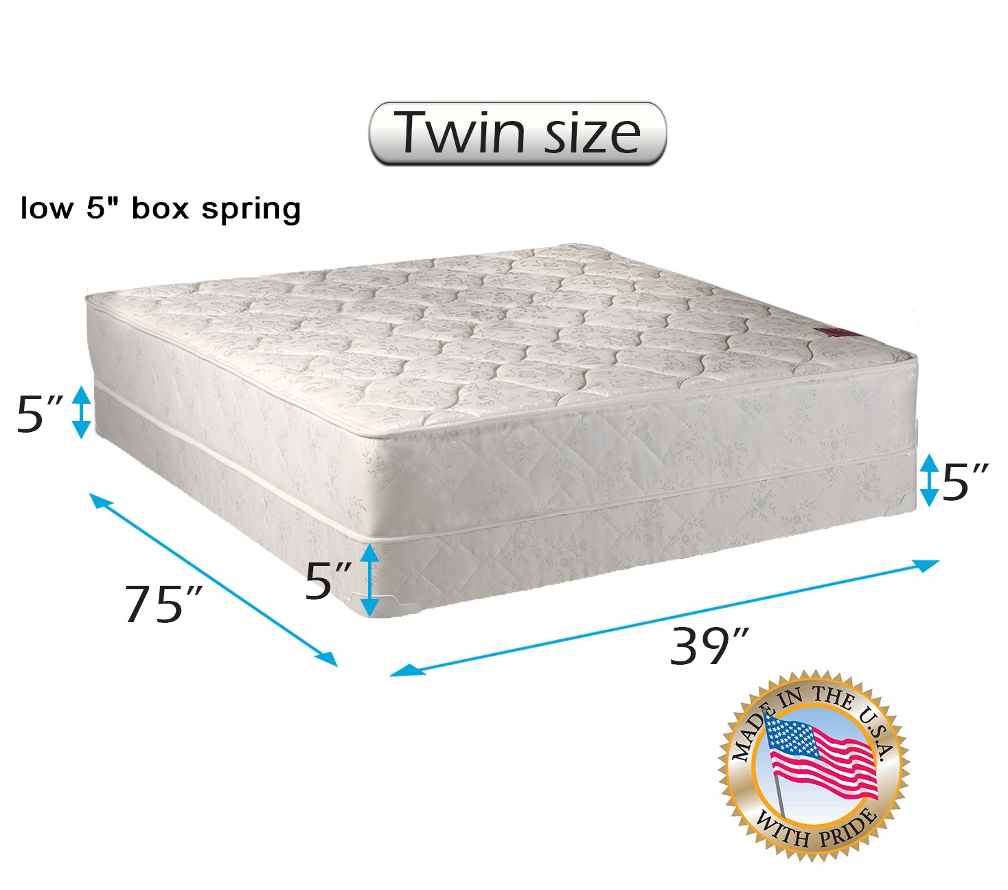 DS USA Legacy Single-Sided Mattress and Low Profile Box Spring Set with Bed Frame Included - None Flip, Orthopedic, Long Lasting Comfort by Dream Solutions USA (Twin 39