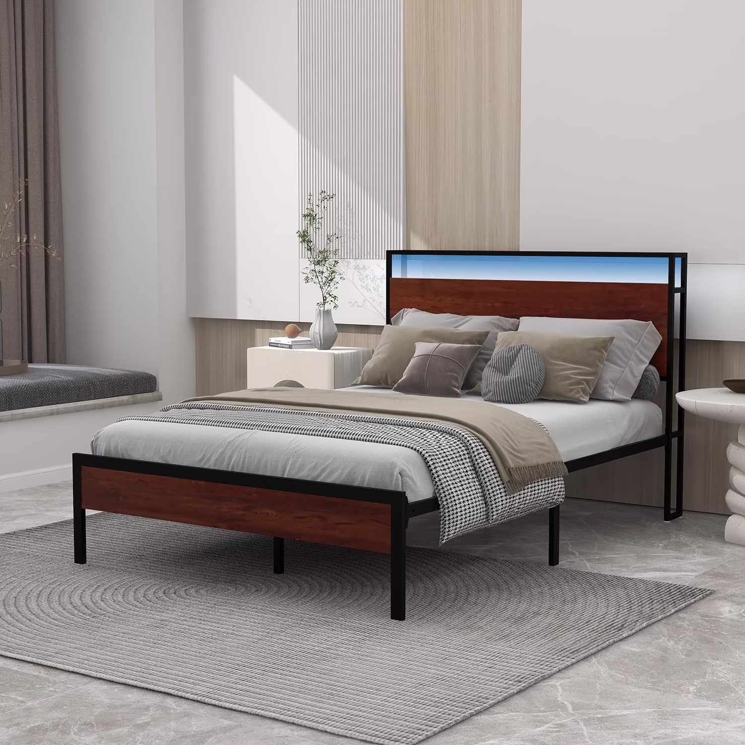 NNV Full Size Metal Platform Bed Frame with USB Ports, LED Lights Storage Headboard for Adults,  Mahogany