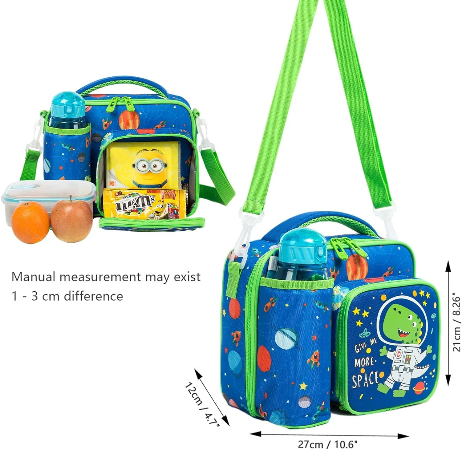 IvyH Kids Insulated Lunch Bag Reusable Lunch Box Thermal Meal Tote Bag,Leakproof Cooler Lunchbox 3 Compartments with Water Bottle Holder,Blue Dinosaur
