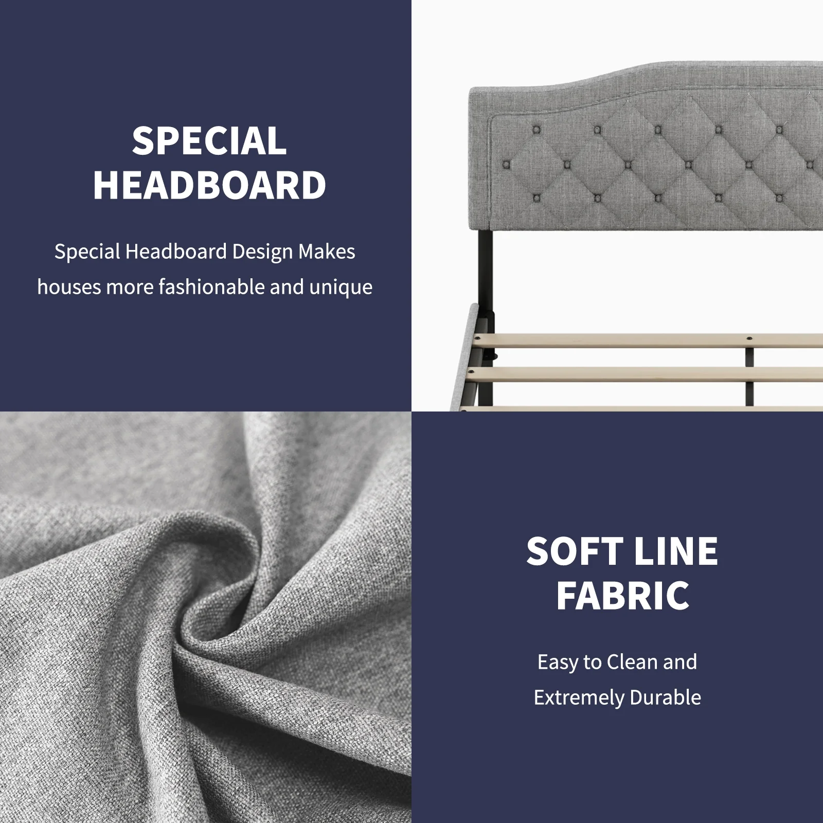 ijuicy King Size Bed Frame with Adjustable Headboard, Button Tufted Design Upholstered Bed Frame, Platform Bed Frame for Bedroom Apartment Light Grey