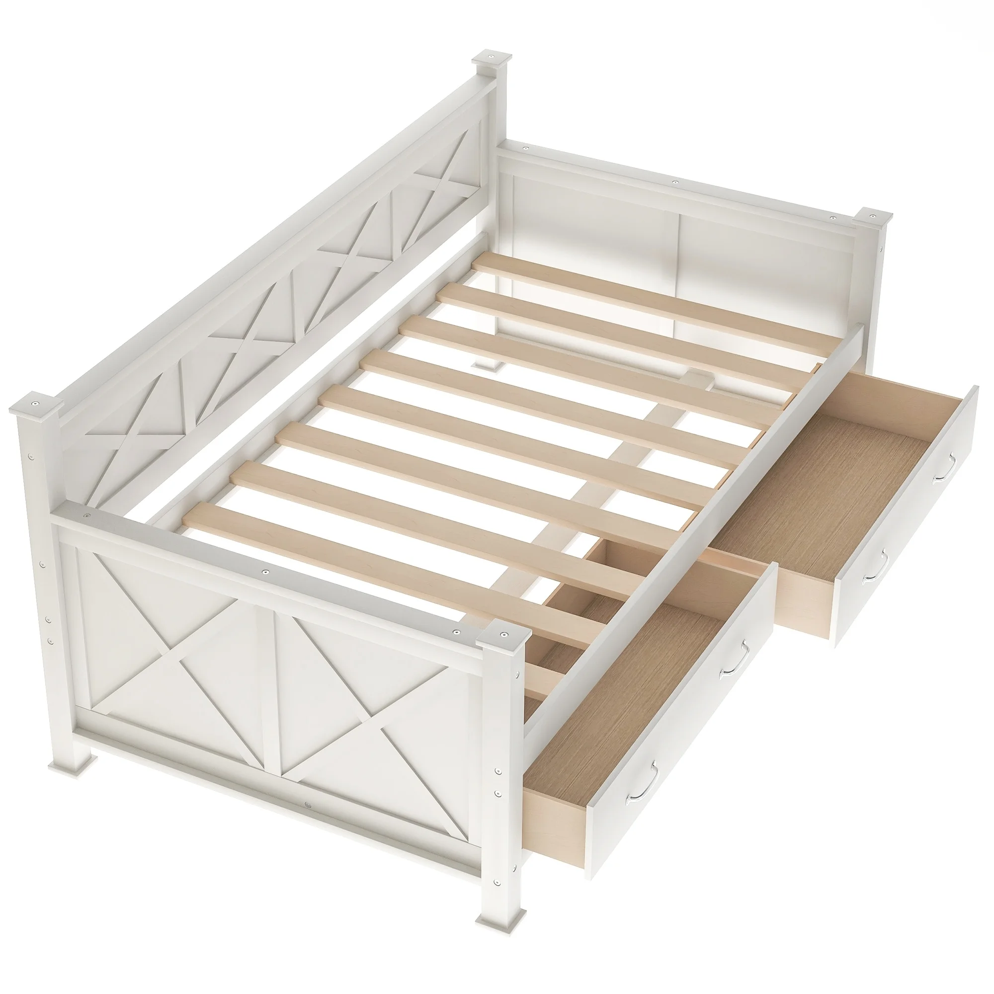 Solid Wood Twin Daybed with 2 Large Drawers, Rustic Design Cream White