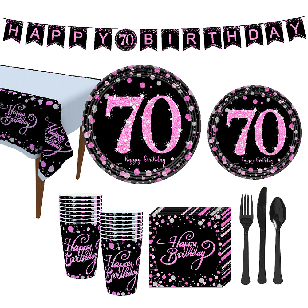 NUOLUX Birthday 70Th Party Banner Happy Tableware Set 70 Paper Plate Garland Napkins Supplies Favors