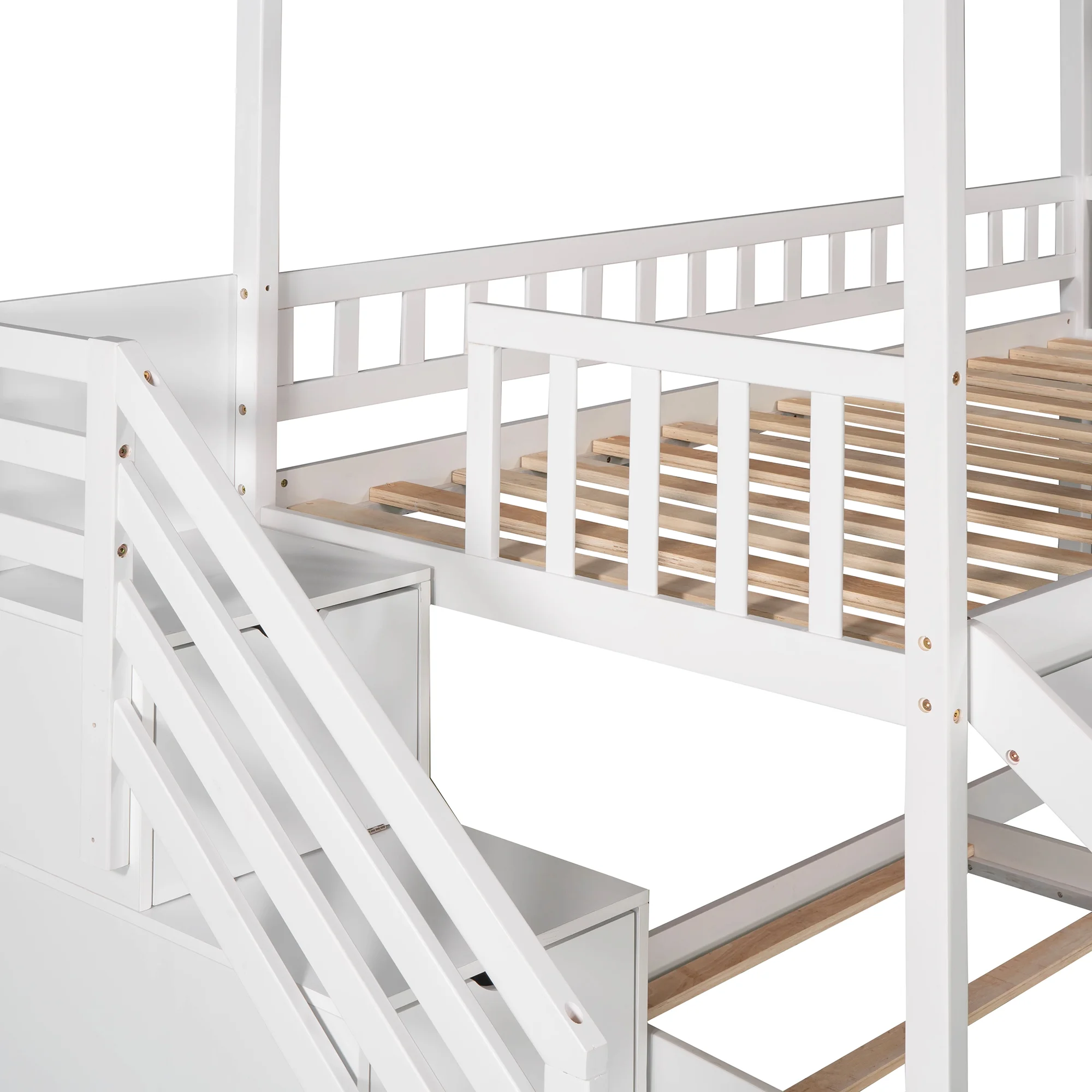 White Twin Over Twin Bunk Bed with Two Drawers and Slide, House Bed with Slide