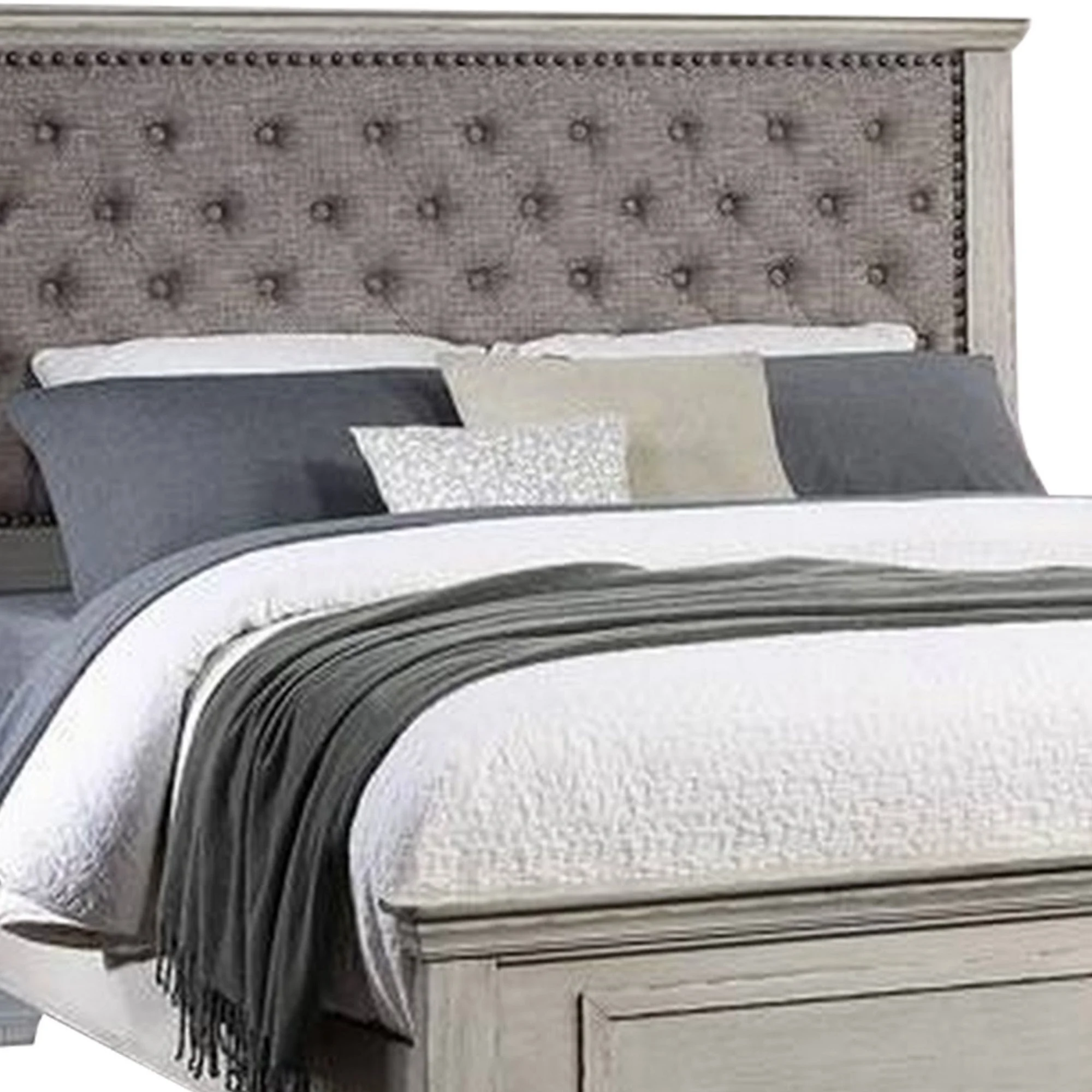 Benjara Zea California King Bed, Button Tufted Upholstered Headboard, Antique White