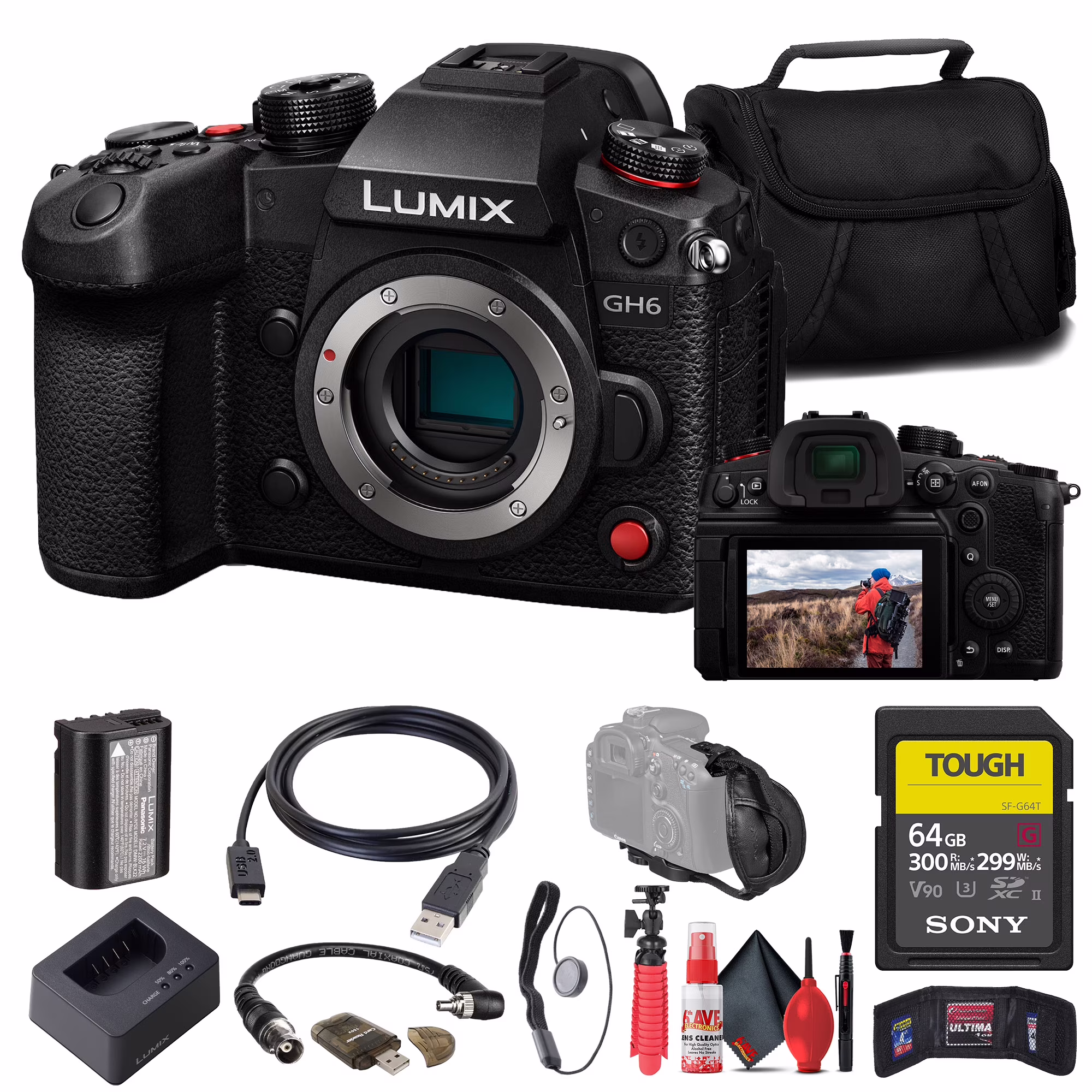 Panasonic Lumix GH6 Mirrorless Camera (DC-GH6BODY) + Sony 64GB TOUGH SD Card + Card Reader + Case + Flex Tripod + Hand Strap + Memory  Wallet + Cap Keeper + Cleaning Kit