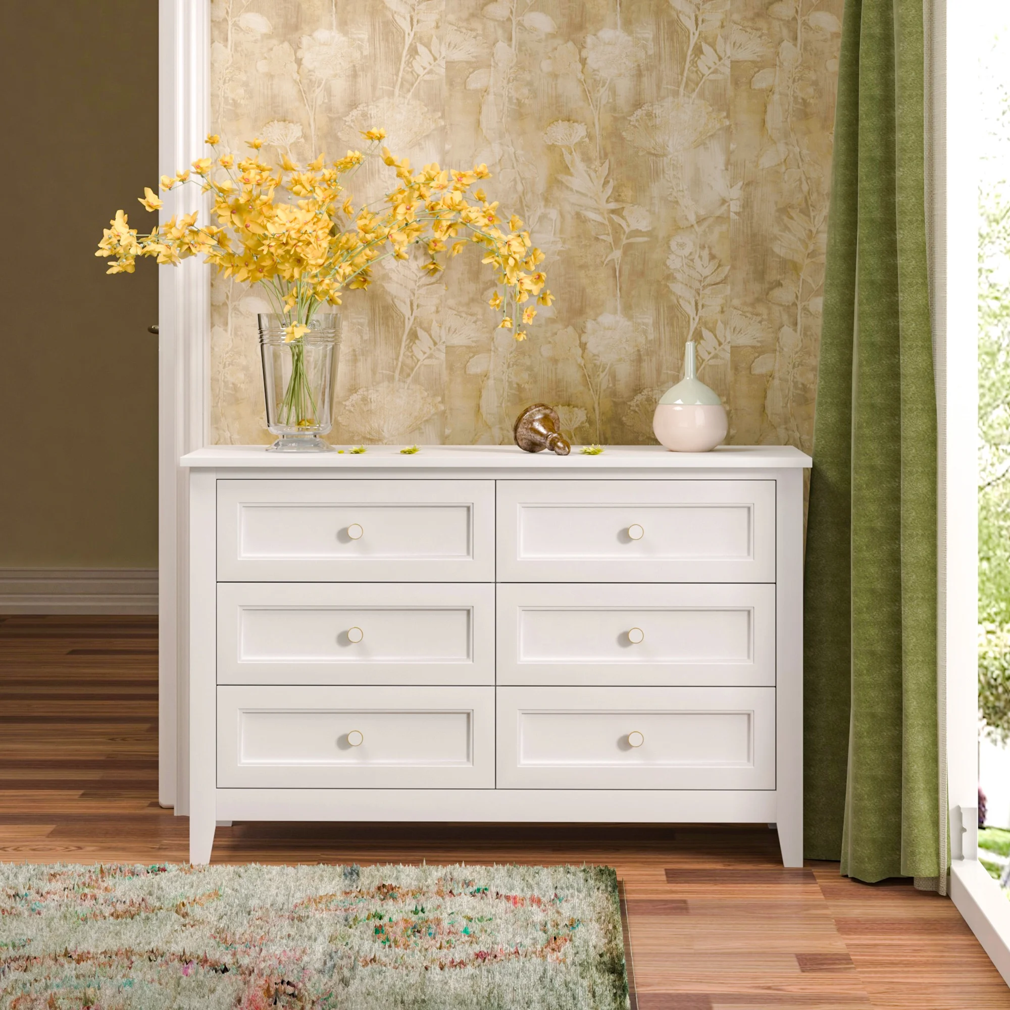 Classic 6 Drawers Dresser for Bedroom, Solid Wood Storage Chest Cabinet Organizer for Living Room Hallway
