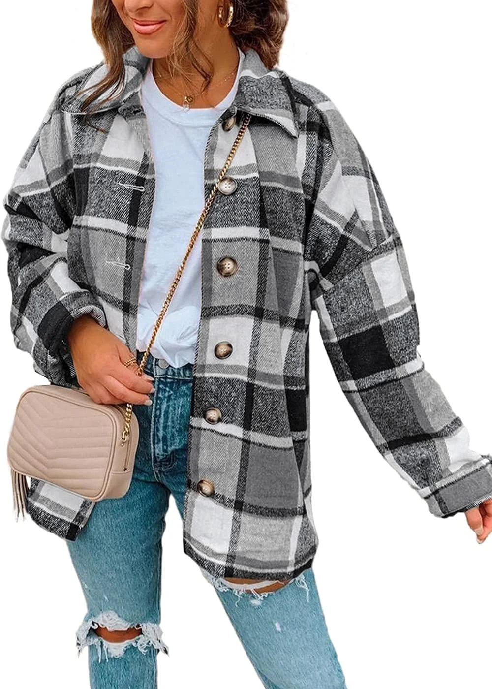 ONLYSHE Women's Plaid Shirts Button Down Shacket Jacket Casual Long Sleeve Cozy Shirts Jacket With Pockets
