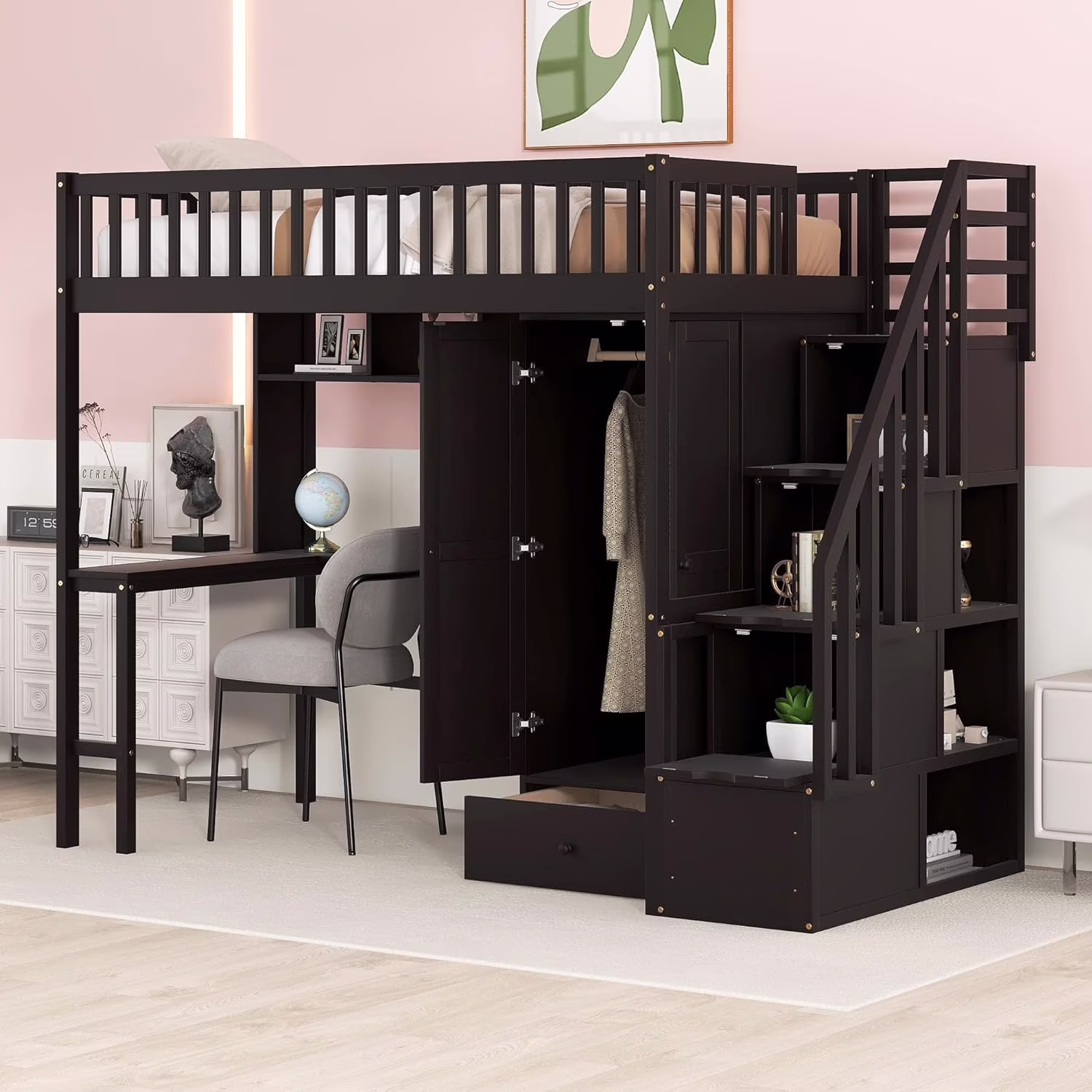 Size Loft Bed With Storage Wardrobe, Wood Loft Bed With Desk, Stairs And Shelves, High Loft Bed Frame With Steps For Kids Teens Adults, Espresso