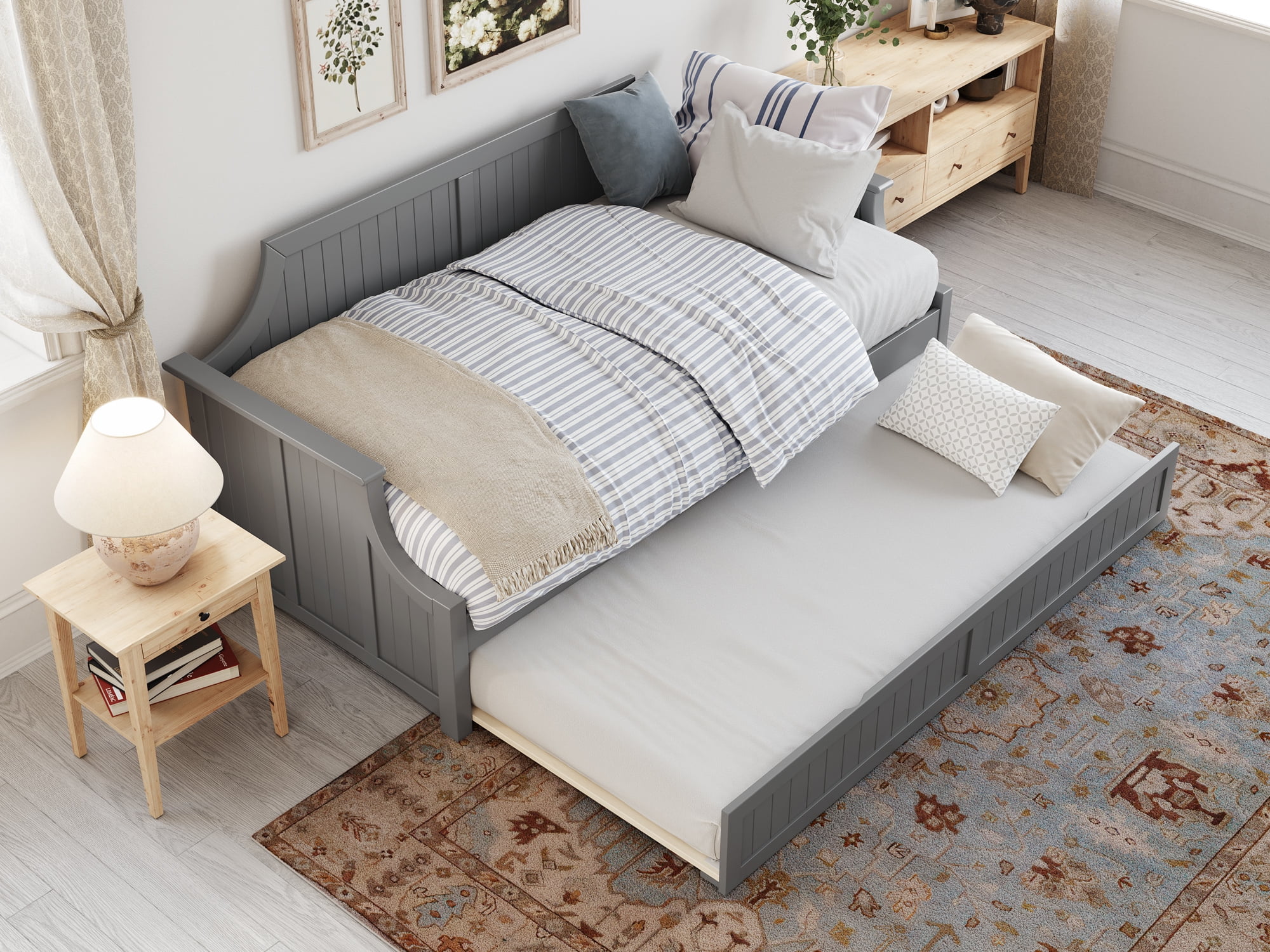 AFI Twin Daybed with Twin Trundle Roll Out Guest Bed in Solid Wood Cambridge Design, Grey