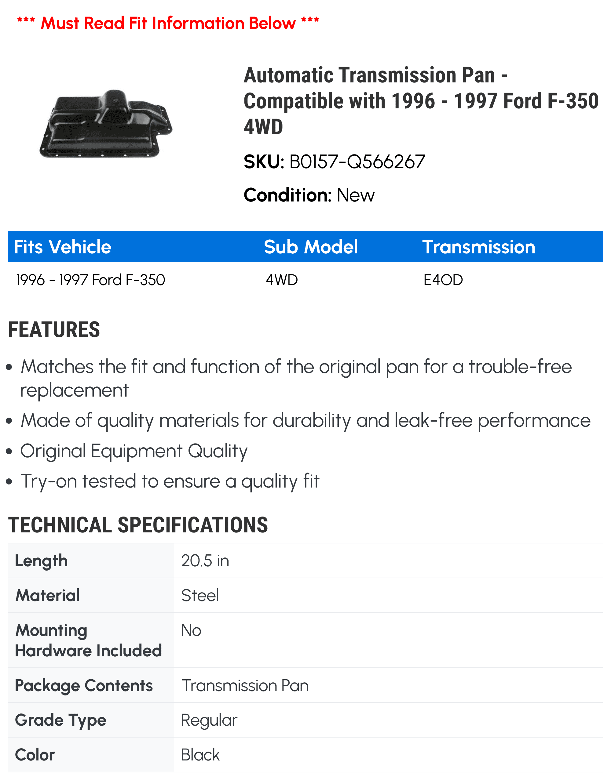 Automatic Transmission Pan - Compatible with 1996 - 1997 Ford F-350 4WD