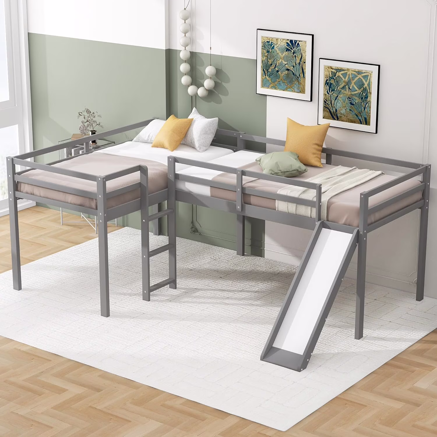 Moder L-Shaped Loft Bed With Uder-Bed Play&Storage Space, Bed Frame With Slide,Kids Loft Bed With Large Storage Space,Space Savig/Easy Assemble