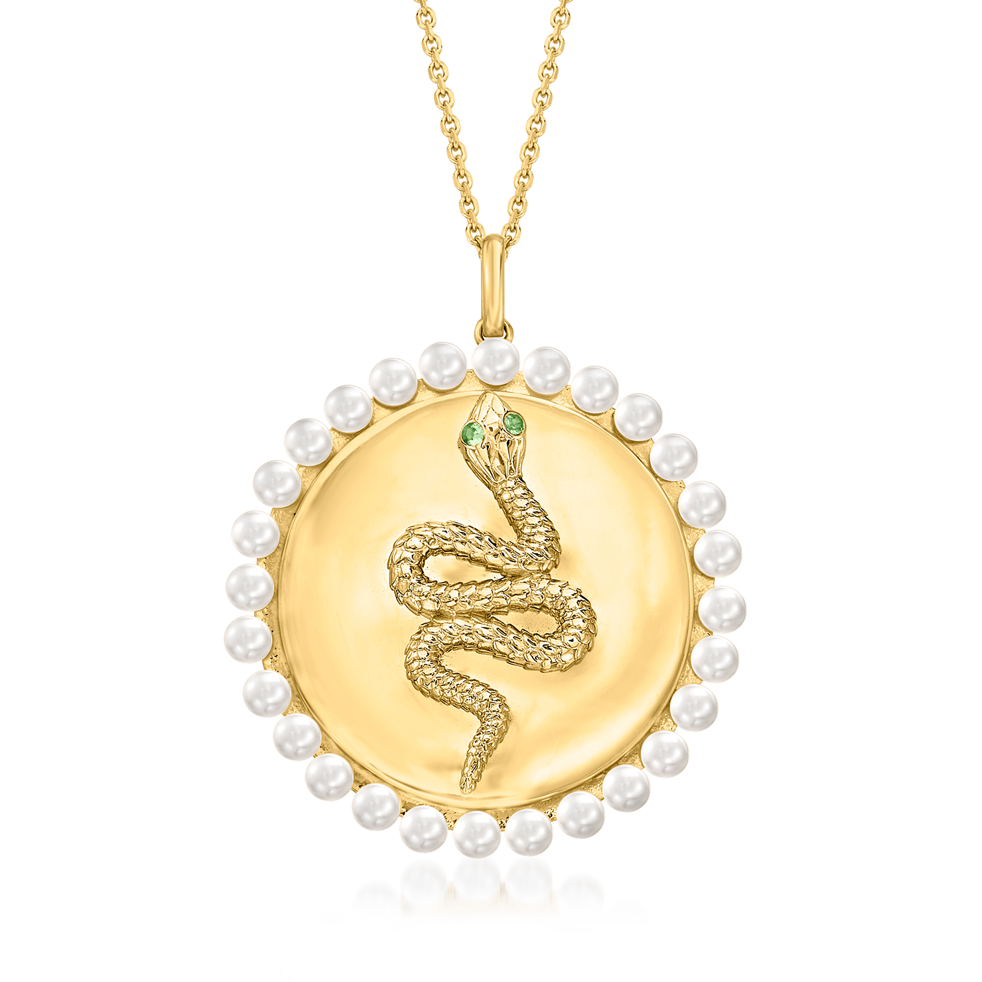 Ross-Simons Tsavorite-Accented Snake and 3mm Cultured Pearl Halo Pendant Necklace in 18kt Gold Over Sterling, Women's, Adult