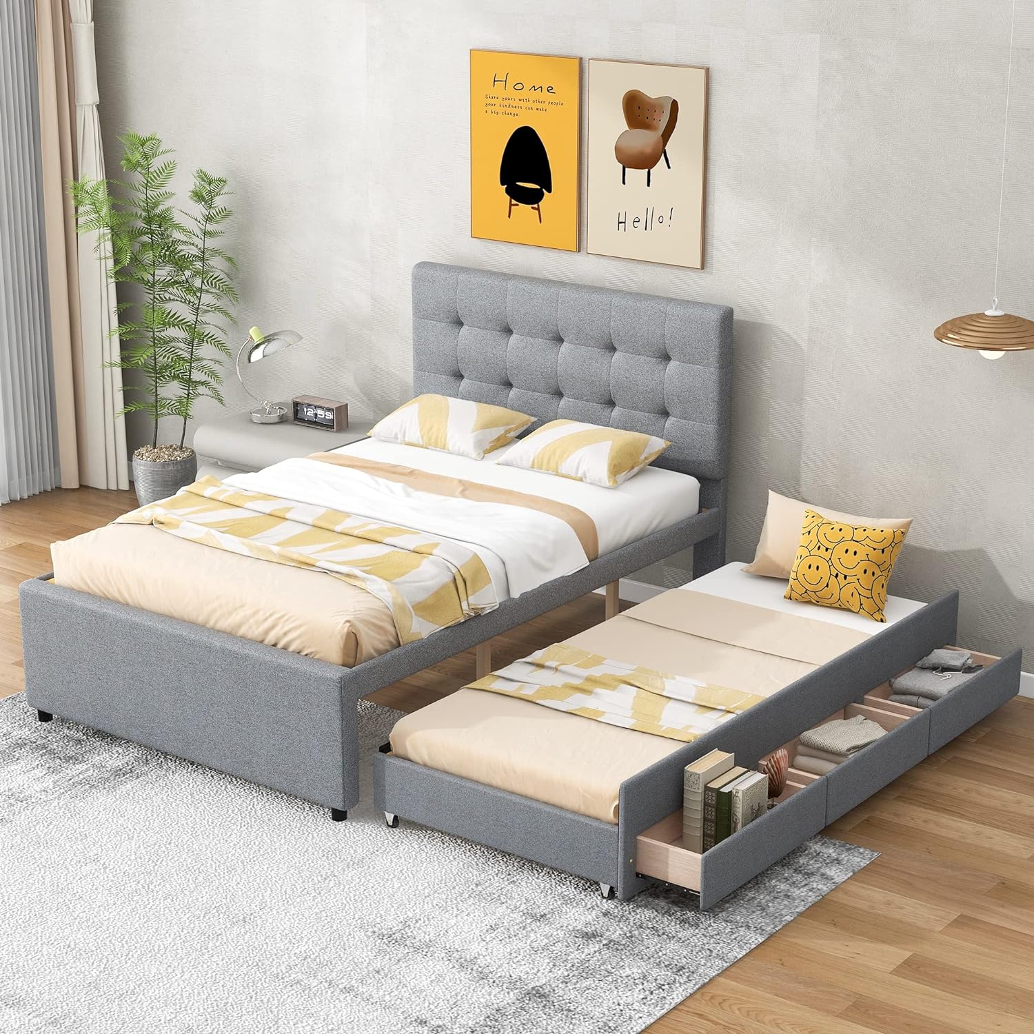 Upholstered Full Size Platform Bed With Headboard, Wood Full Bed Frame With Pull-Out Trudle Ad 3 Drawers Udereath, Lie Full Storage Ad Trudle Bed For Kids Tees,Gray