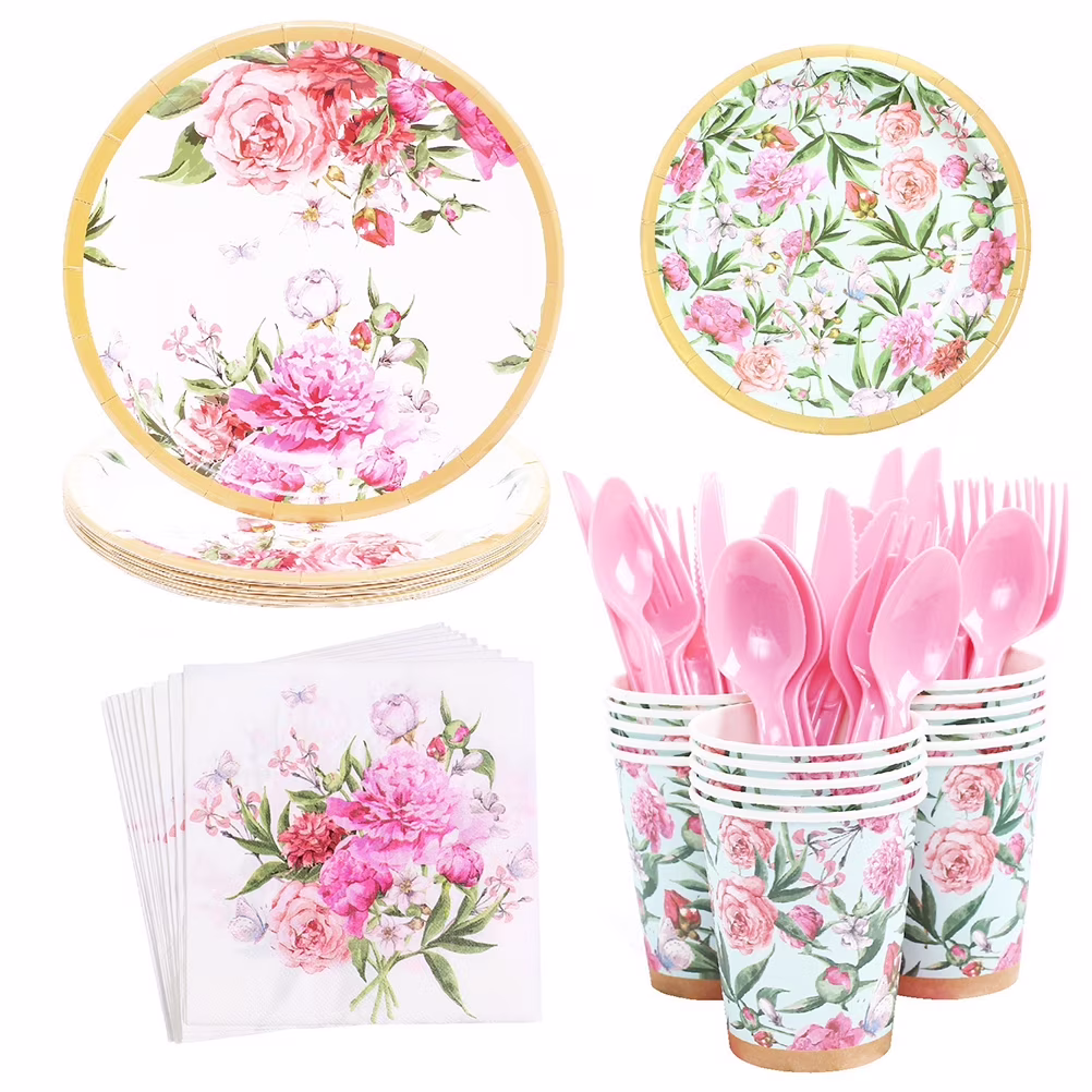 Eease 124pc Floral Dinnerware Set for Hawaii Party Wedding Birthday
