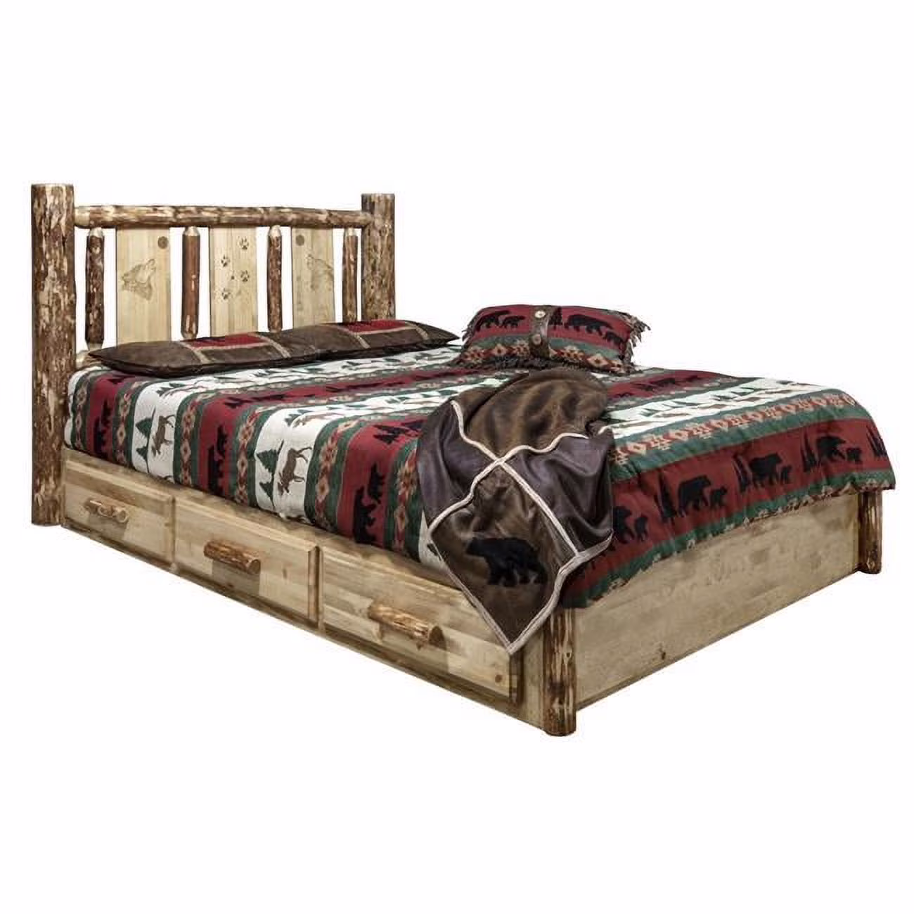 Glacier Country Platform Bed with Storage & Laser Engraved Wolf Design - King Size