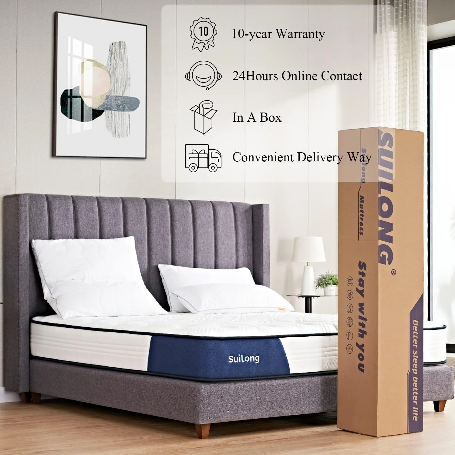 SUI LONG 10” Twin Mattress in a Box, Hybrid of Gel Memory Foam and Pocket Coils Mattress, Medium Firm