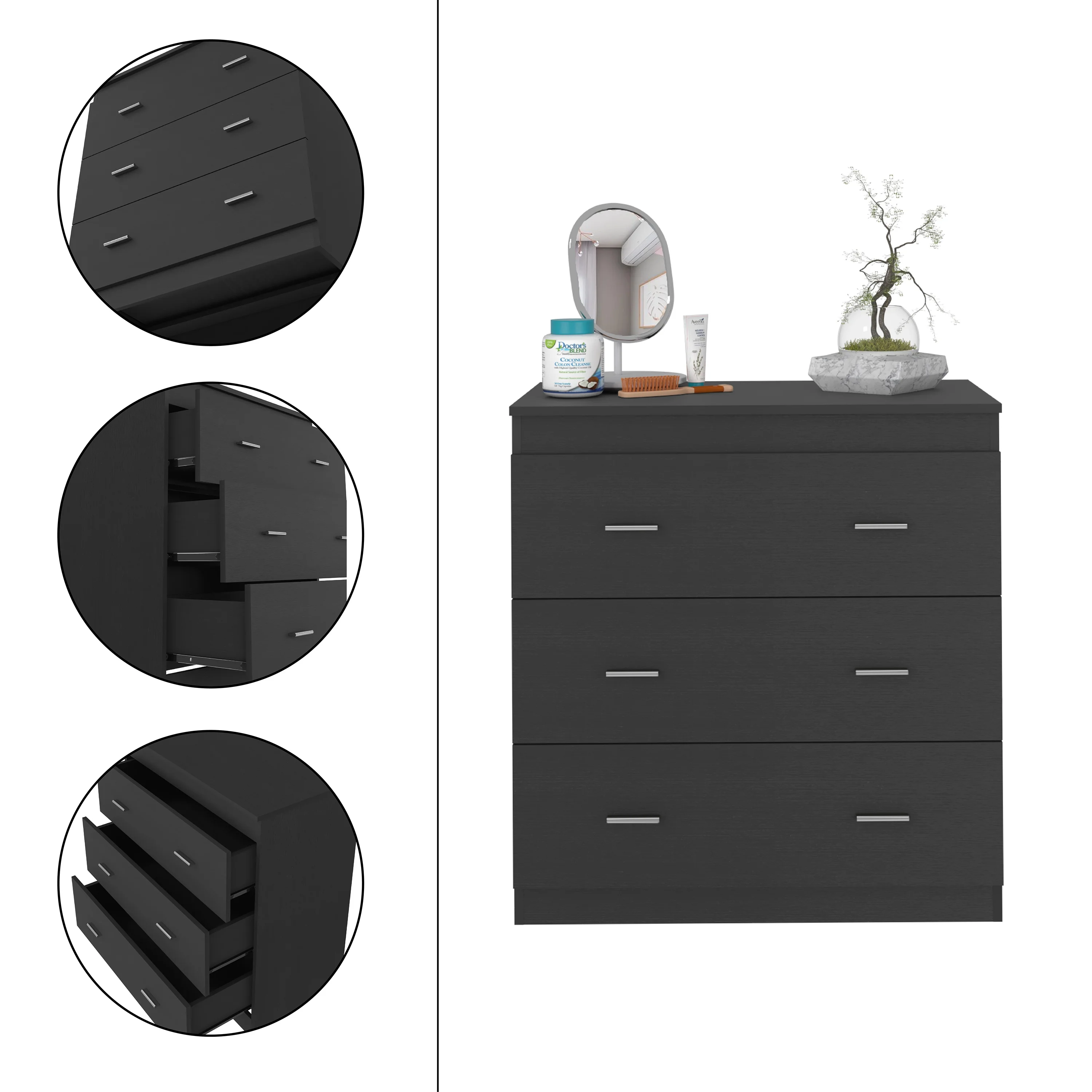 CoSoTower Three Drawer Dresser Litress, Metal Handles, Black Wengue Finish