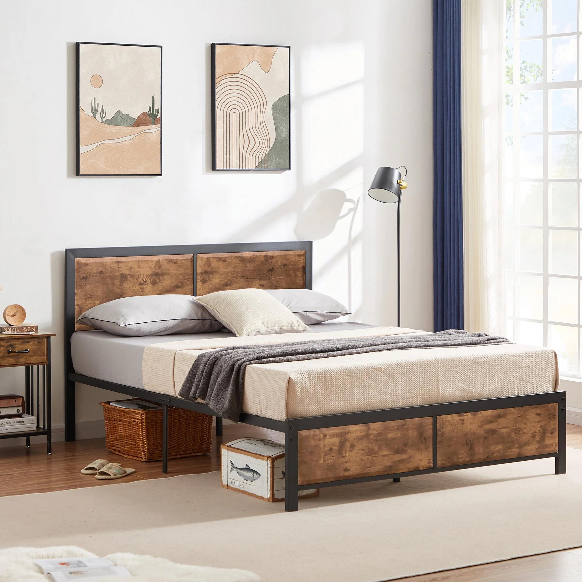VECELO 3-Piece Queen Bedroom Sets with Wooden Headboard Bed Frame and 2 Brown Nightstands