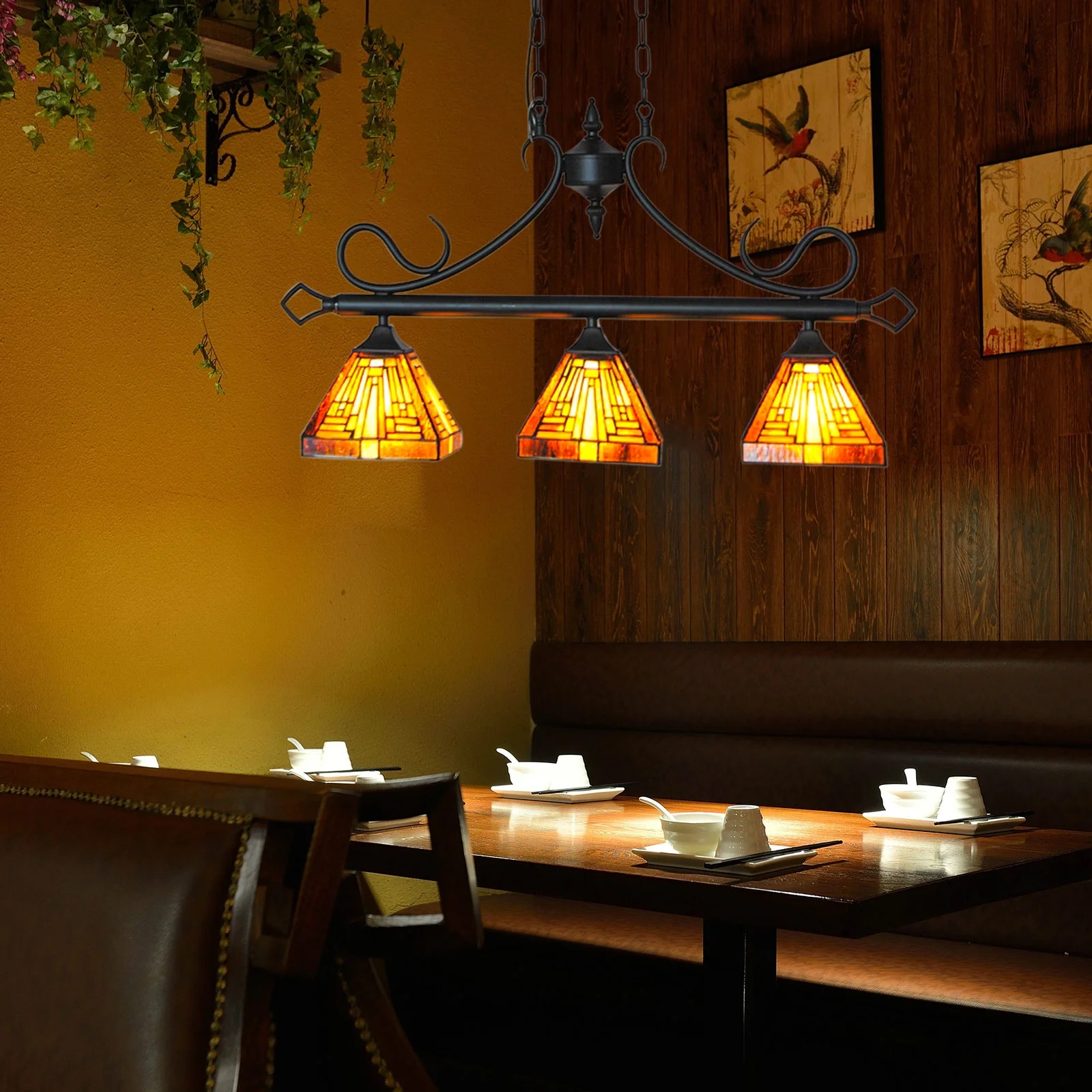 Miumaeov Tiffany Pendant Light 3-Light Vintage Stained Glass Chandelier Mission Style Pool Table Light for Dining Room Kitchen Island E26 Base