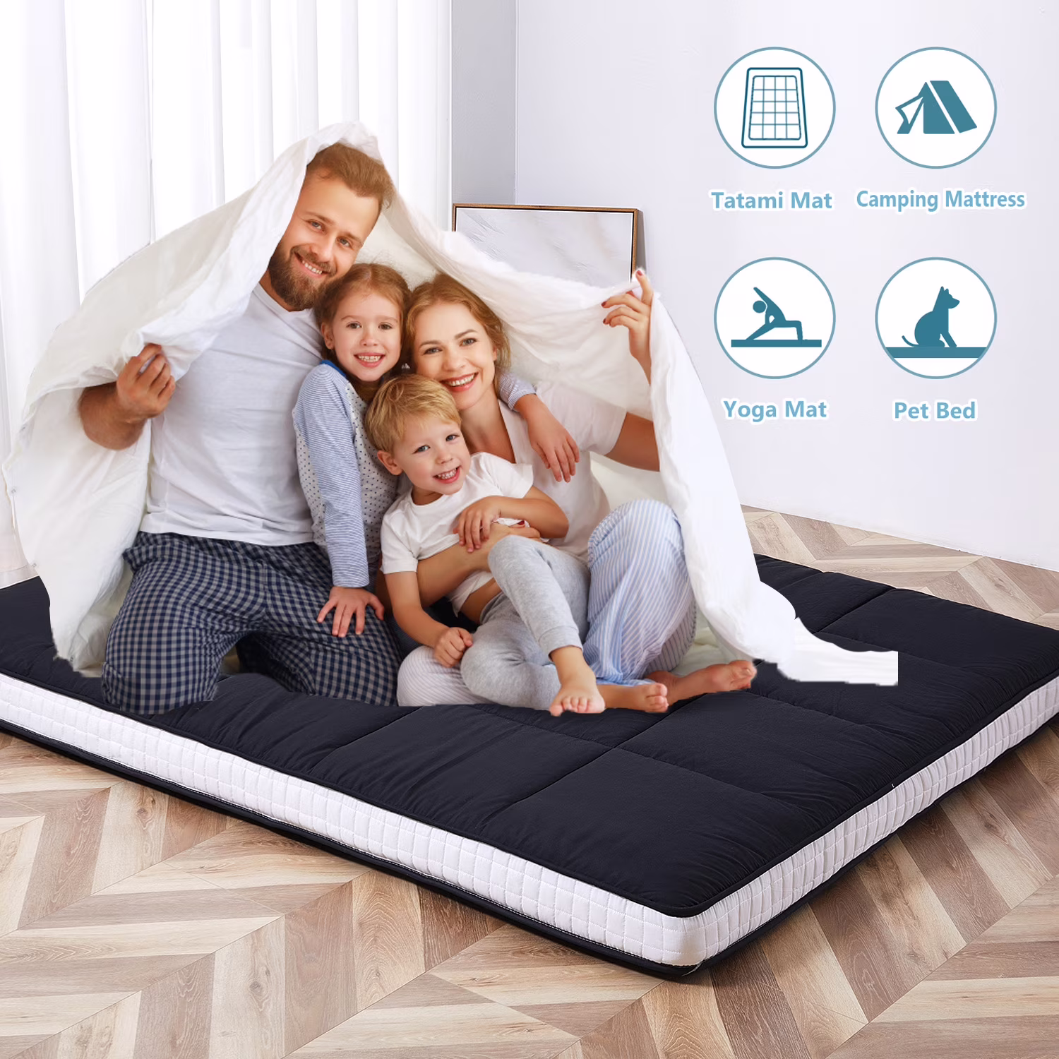 Lilypelle Japanese Floor Mattress,Futon Mattress,Thicken Tatami Mat,Camping Mattress,Sleeping Pad,Thickened Memory Foam Futon Roll up Guest Mattress,Mattress Cover Machine Washable,Black
