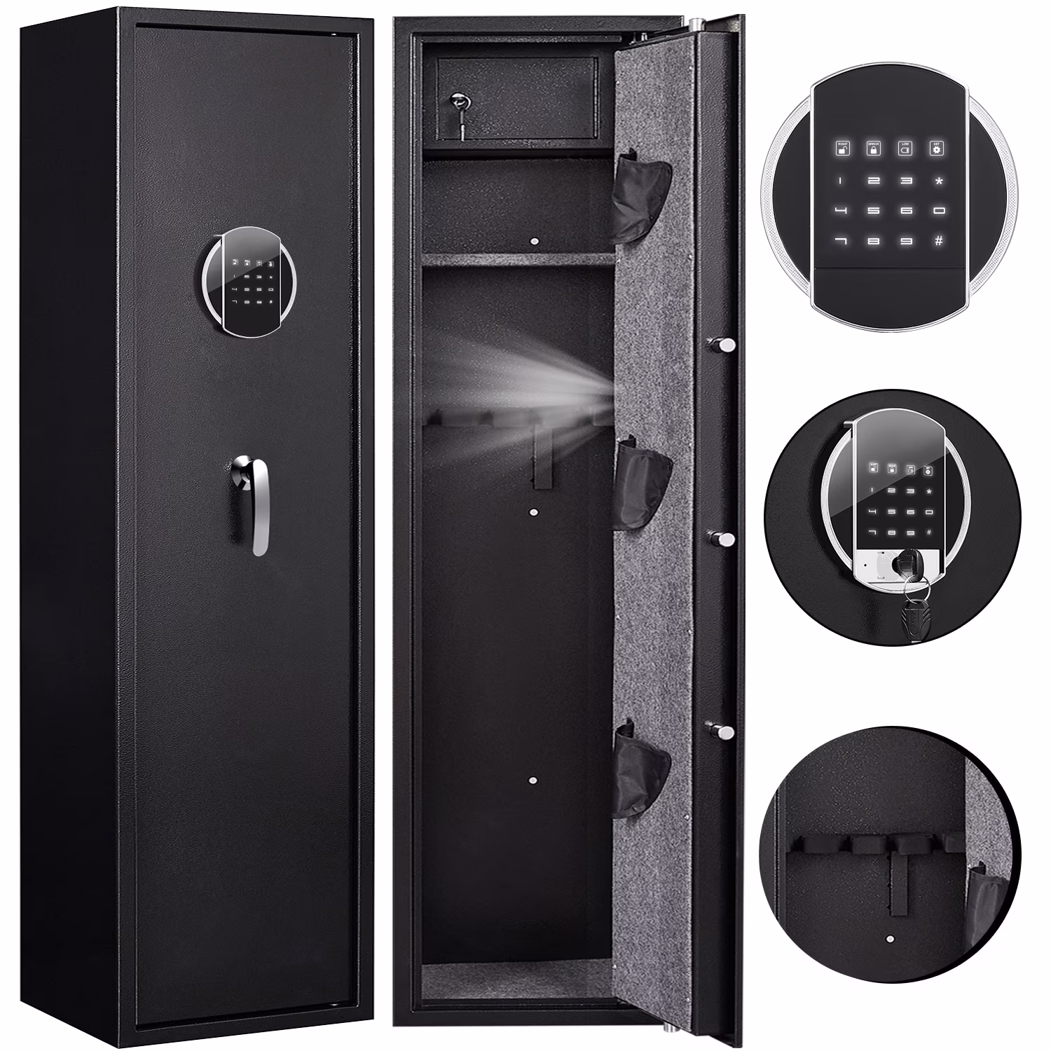 Kavey 3-5 Long Gun Safe, Digital Gun Safe for Shotguns, Quick Access Gun Storage Cabinet with LED Light, Pistol Pouches, Inner Cabinet & Removable Rack