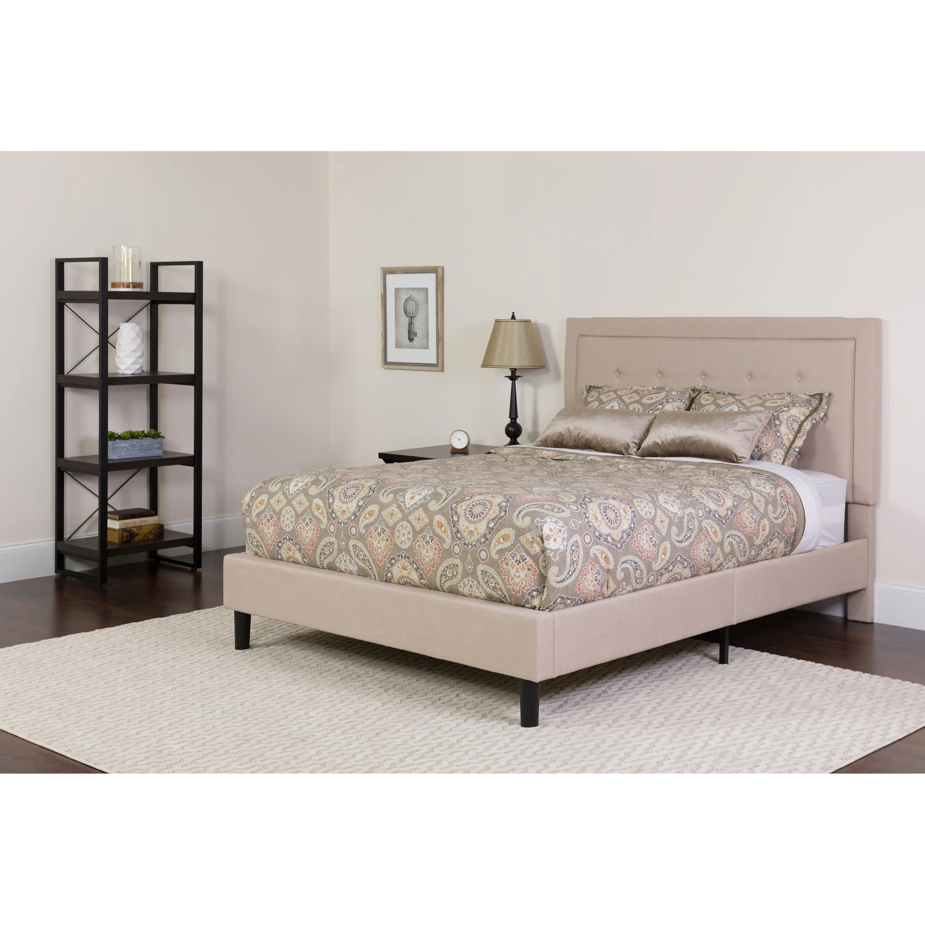 Flash Furniture Roxbury Queen Size Tufted Upholstered Platform Bed in Beige Fabric with Pocket Spring Mattress