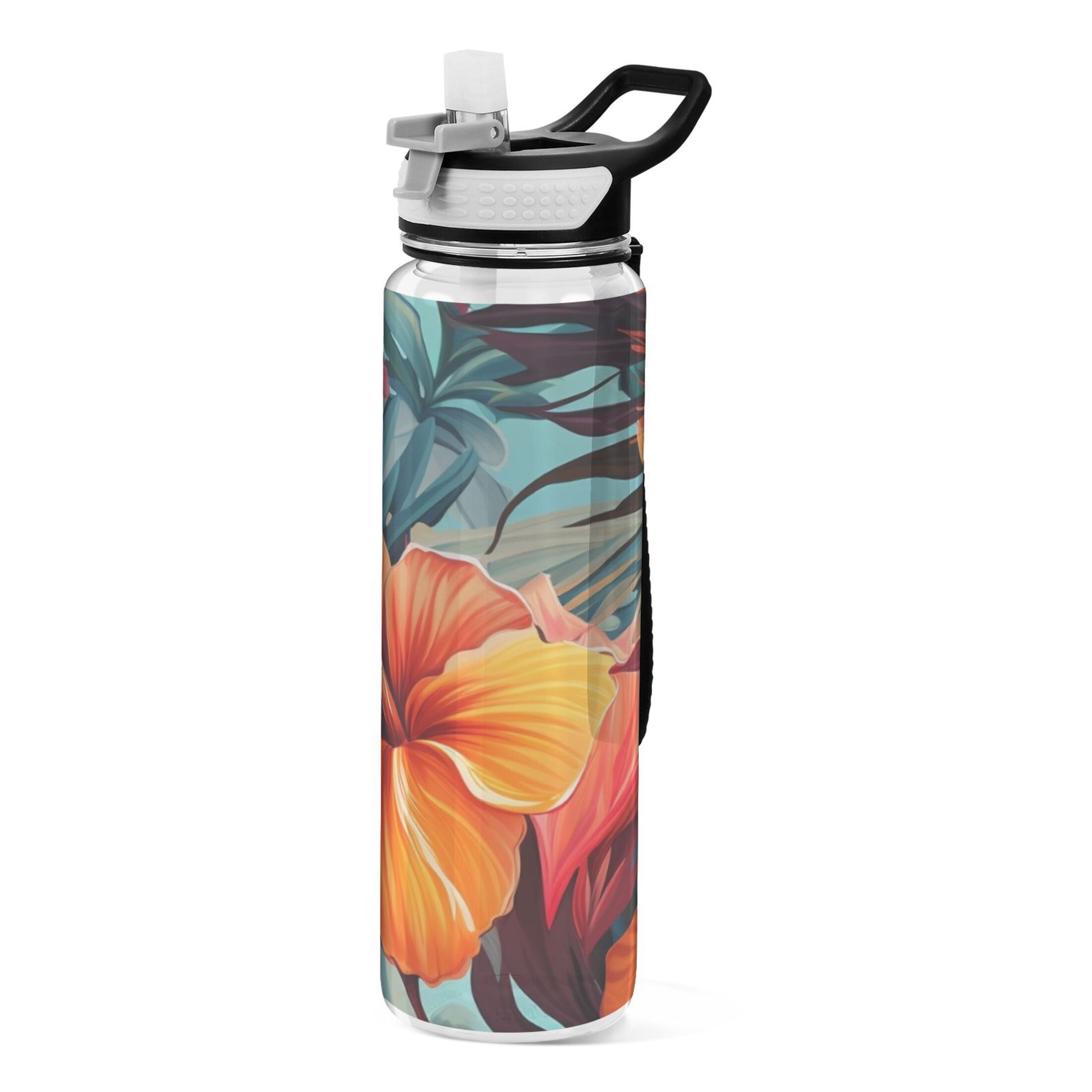 Lily Flowers Orange 32oz Water Bottles with Straw Tritan Leakproof Sports Bottle BPA Free Clear for Fitness Gym Swimming Cycling