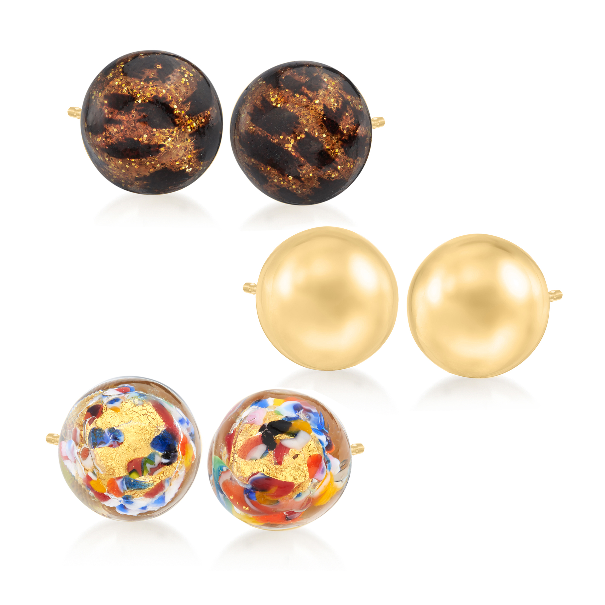 Ross-Simons Italian Multicolored Murano Glass and 18kt Gold Over Sterling Jewelry Set: 3 Pairs Of Stud Earrings, Women's, Adult