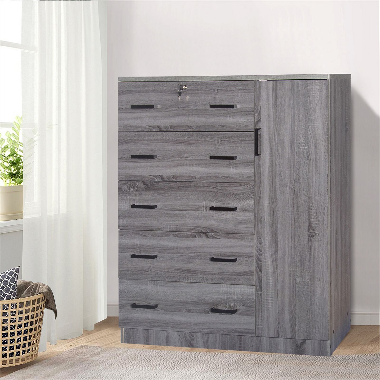 Pemberly Row 5 Drawer Wooden Tall Chest Wardrobe in Gray Finish