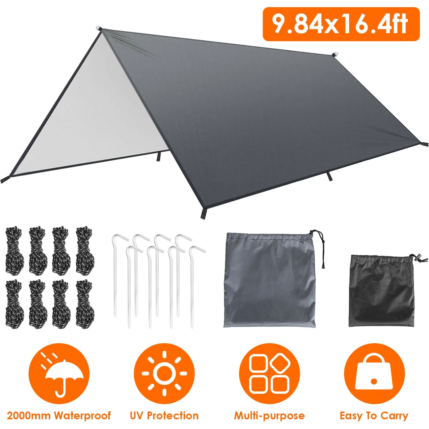 Camping Tarp Waterproof, iMounTEK 9.84*16.4Ft Rain Fly Durable Camping Tent Tarps with 8 Stakes and Ropes Sunshade Rain Cover Tent Camping Accessories for Picnic  Hammock Hiking Fishing UV Protection
