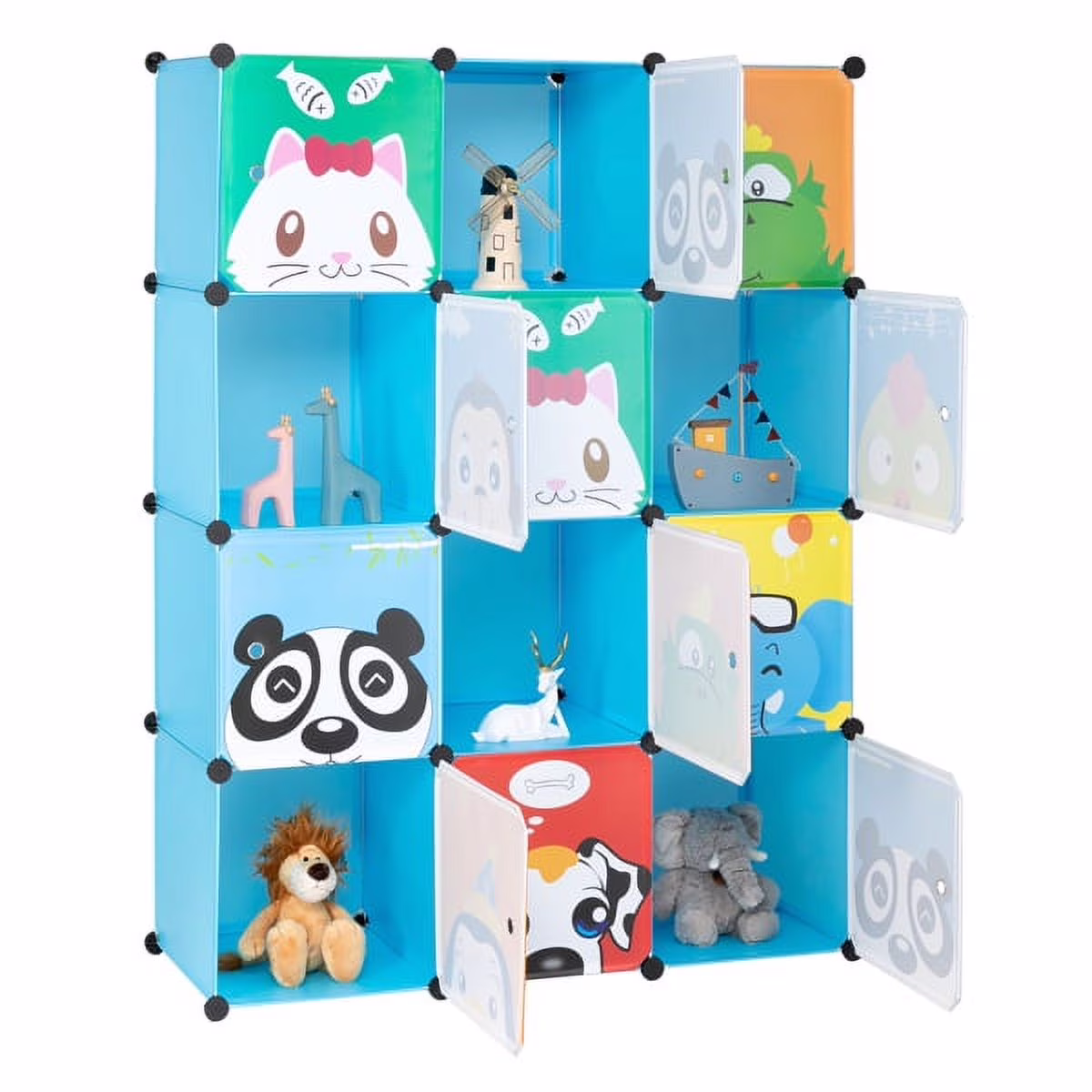 SYTHERS Kids Wardrobe Closet, Cartoon DIY Modular Dresser Storage Organizer with 12 Cubes & 2 Clothes Hanging Section, Portable Closet Bedroom Nursery Armoire Rack for Toddlers Children, Blue