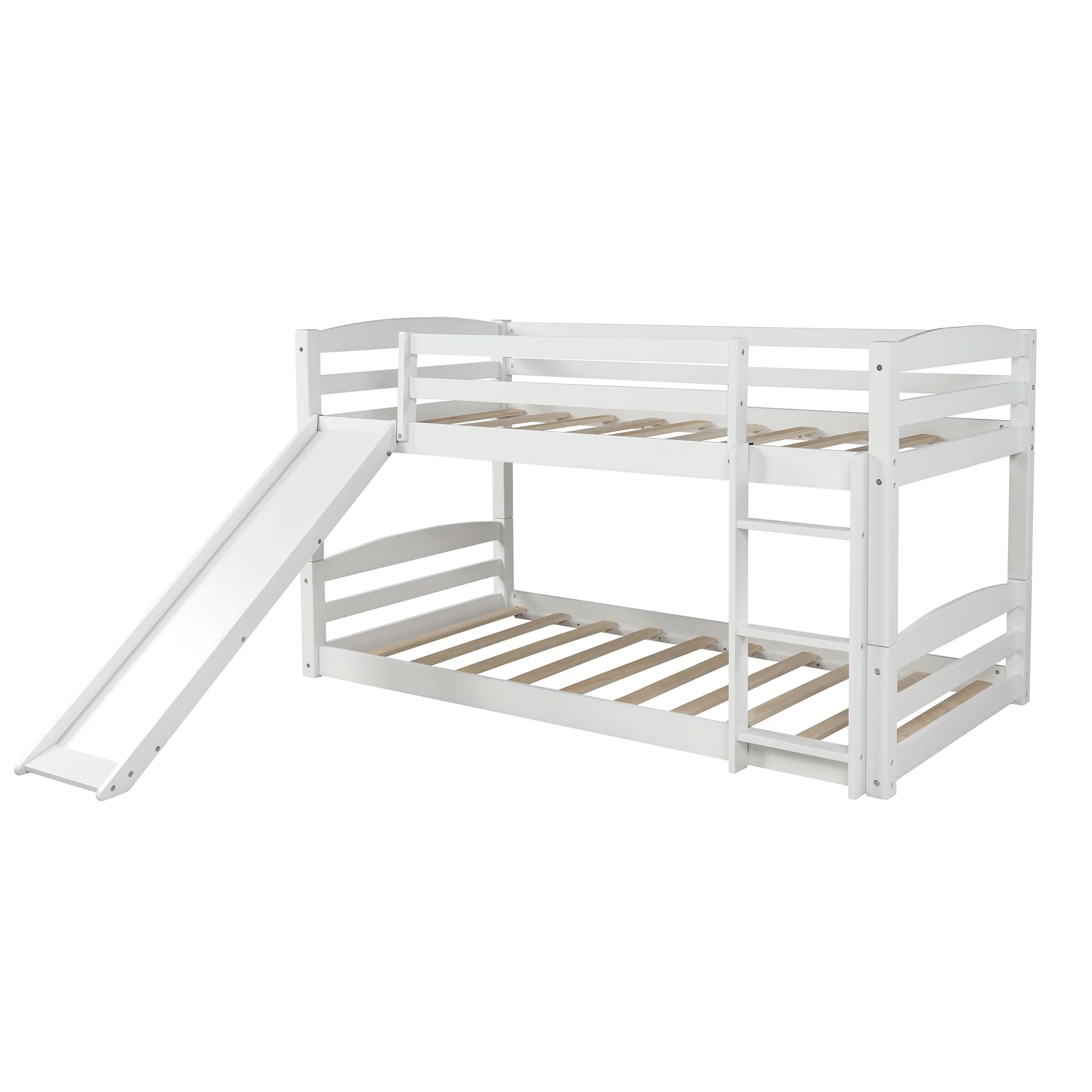 White Twin over Twin Low Bunk Bed with Slide and Ladder