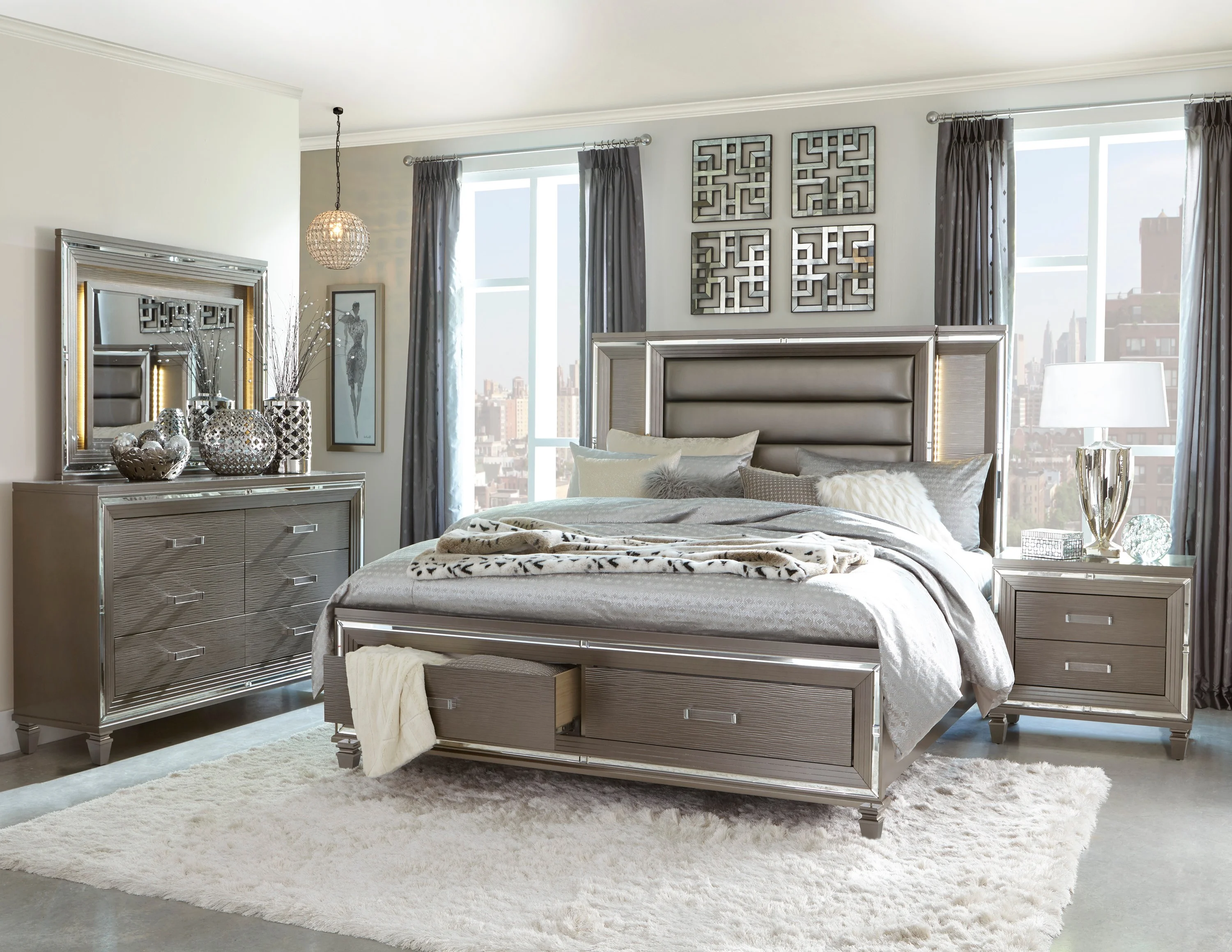 Glamorous Silver-Gray Metallic Finish Bedroom 4pc set Cal King Size Platform Bed with Footboard Storage LED Headboard
